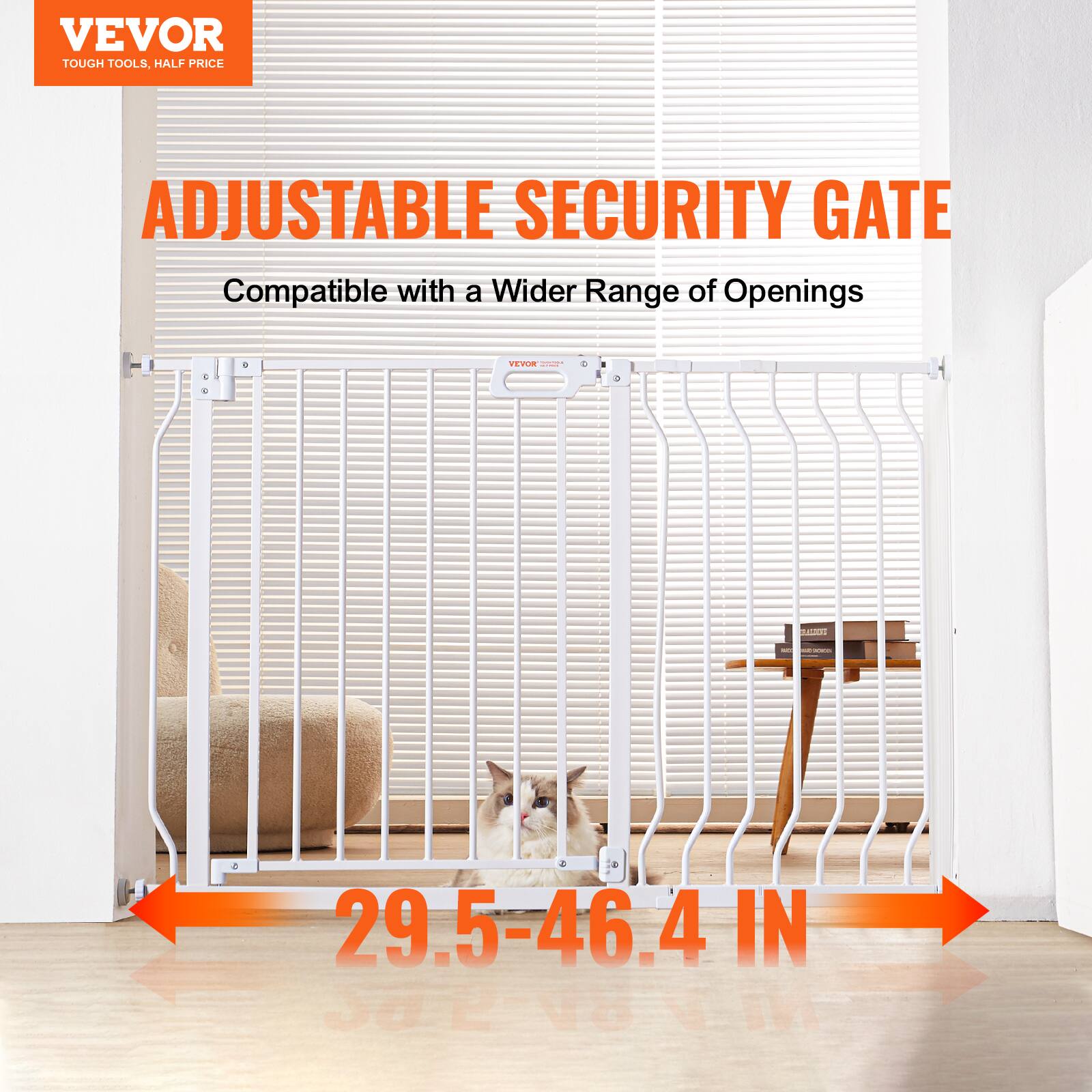 VEVOR TOUGH TOOLS, HALF PRICE ADJUSTABLE SECURITY GATE Compatible with a Wider Range of Openings: 29.5-46.4 IN