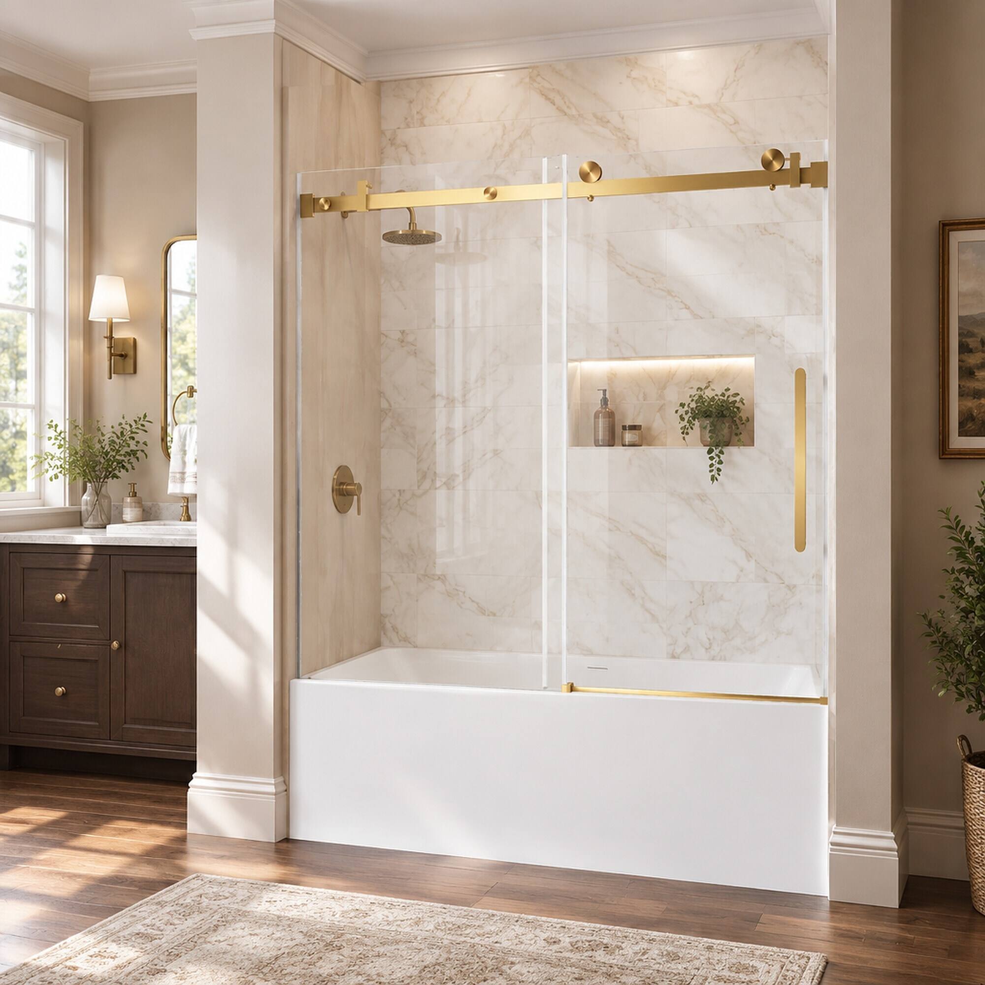 Left. RYHNUYNE - 56-60 In W X 60 In H Frameless Single Sliding Shower Door, 1/4 In Clear Tempered Glass With Handle Brushed Gold Finish - Brushed Gold.