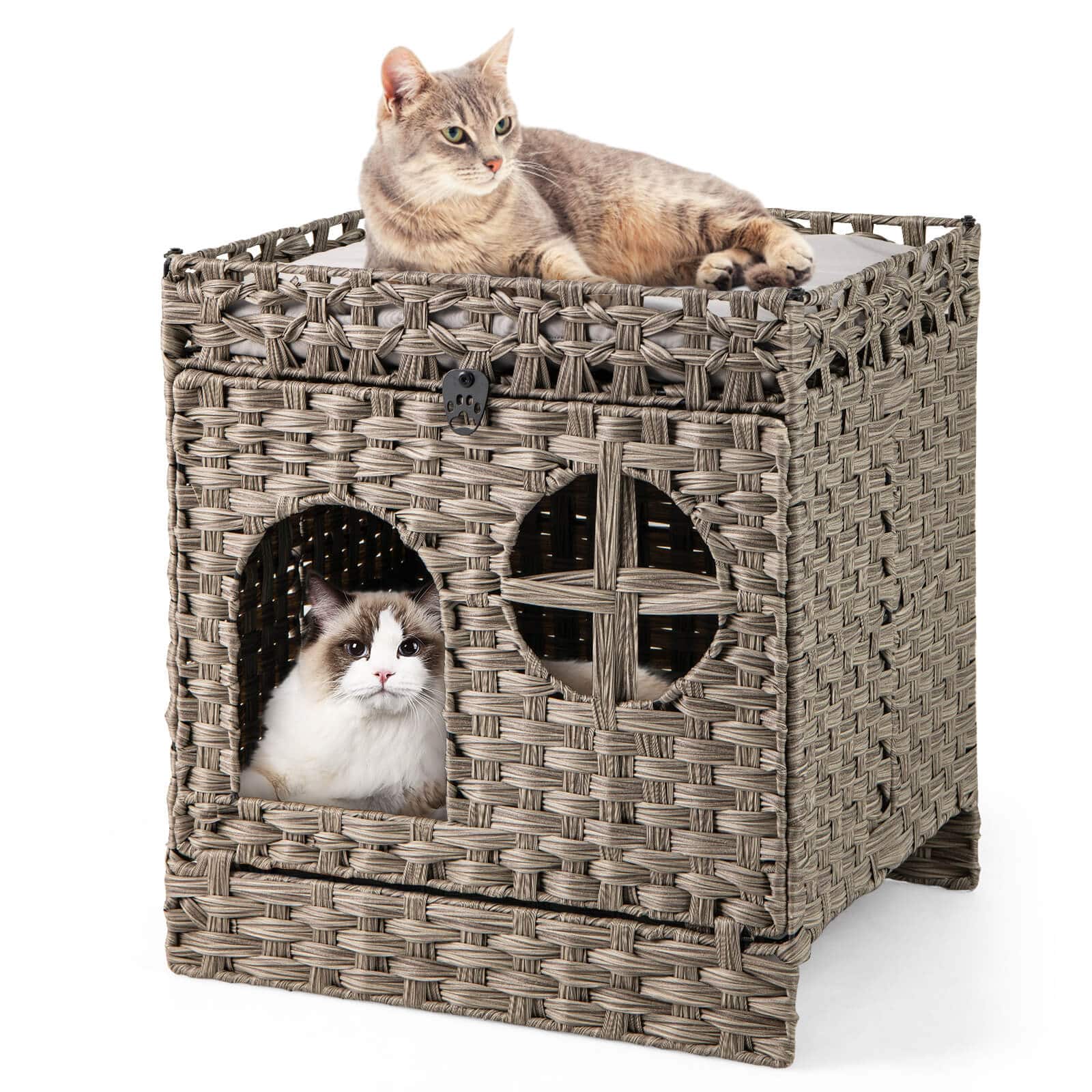 Costway - Foldable 2-tier Rattan Cat Litter Box Enclosure with Litter Mat Indoor Pet House - Gray price history on PriceWatchPro