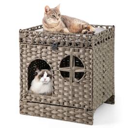 Costway - Foldable 2-tier Rattan Cat Litter Box Enclosure with Litter Mat Indoor Pet House - Gray