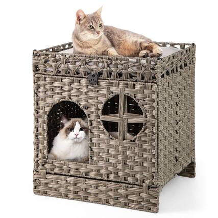 Front. Costway - Costway Foldable 2-tier Rattan Cat Litter Box Enclosure with Litter Mat Indoor Pet House - Gray.