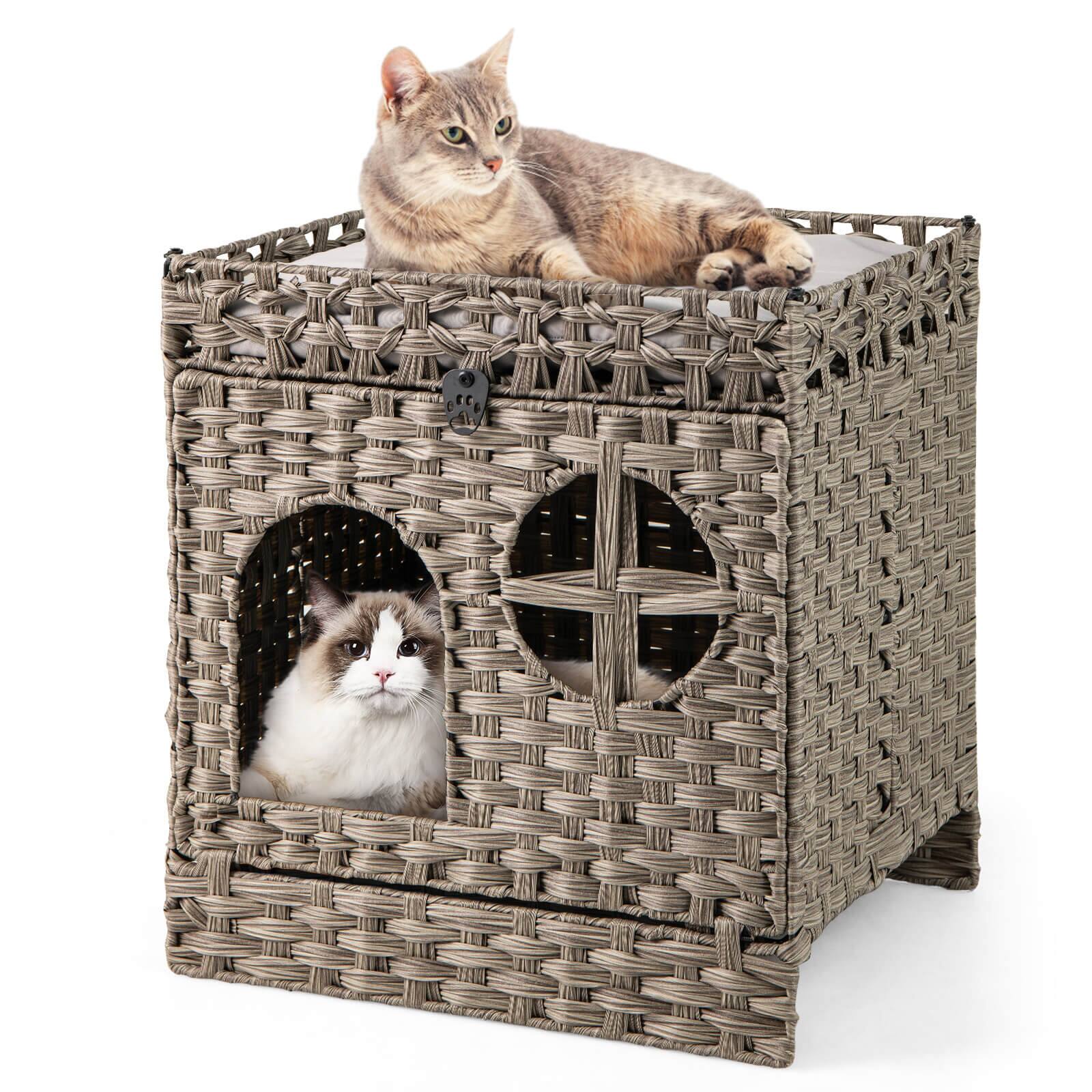 Front. Costway - Costway Foldable 2-tier Rattan Cat Litter Box Enclosure with Litter Mat Indoor Pet House - Gray.