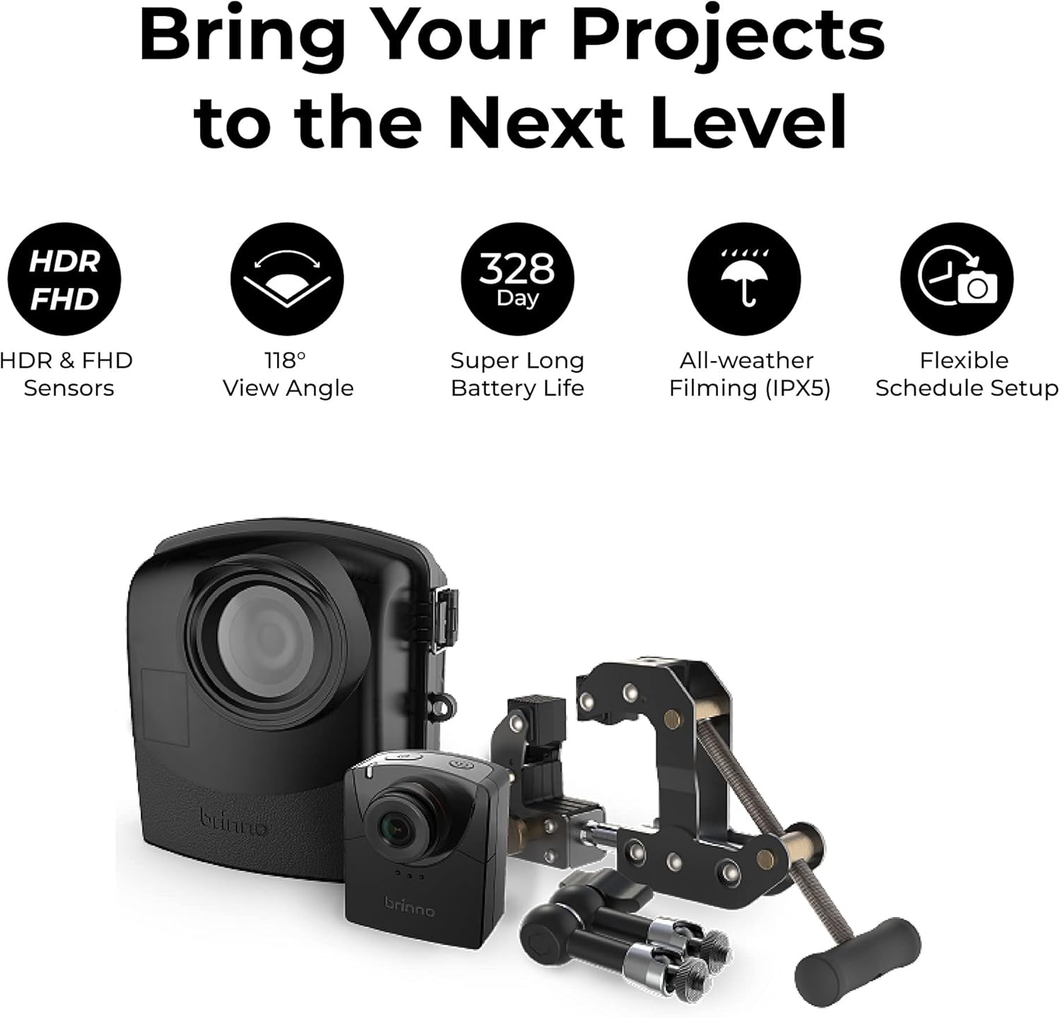 Bring Your Projects to the Next Level, HDR & FHD Sensors, 118° View Angle, Super Long Battery Life, All-weather Filming (IPX5), Flexible Schedule Setup, buinno
