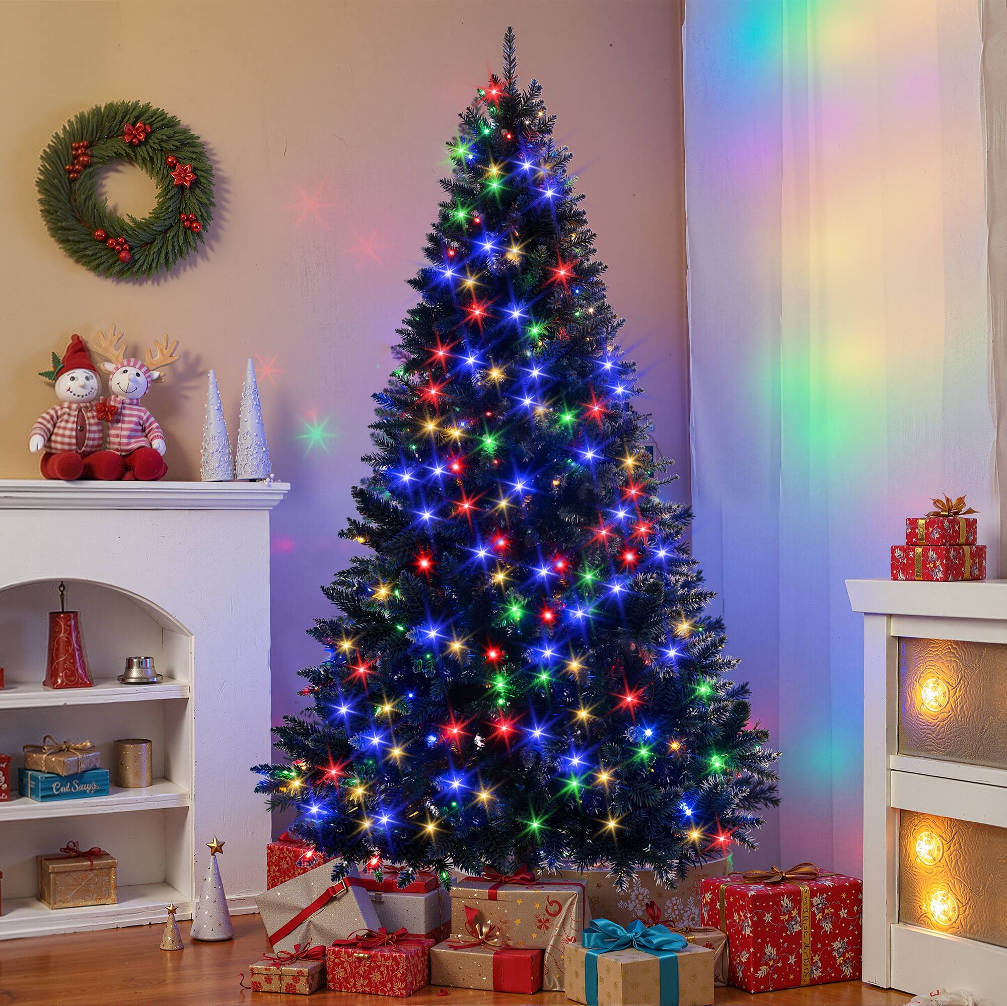 A Christmas tree is decorated with colorful lights and surrounded by wrapped gifts. A wreath hangs on the wall, and a Santa Claus figure is placed on the mantel. The scene is festive and bright, with a cozy atmosphere.