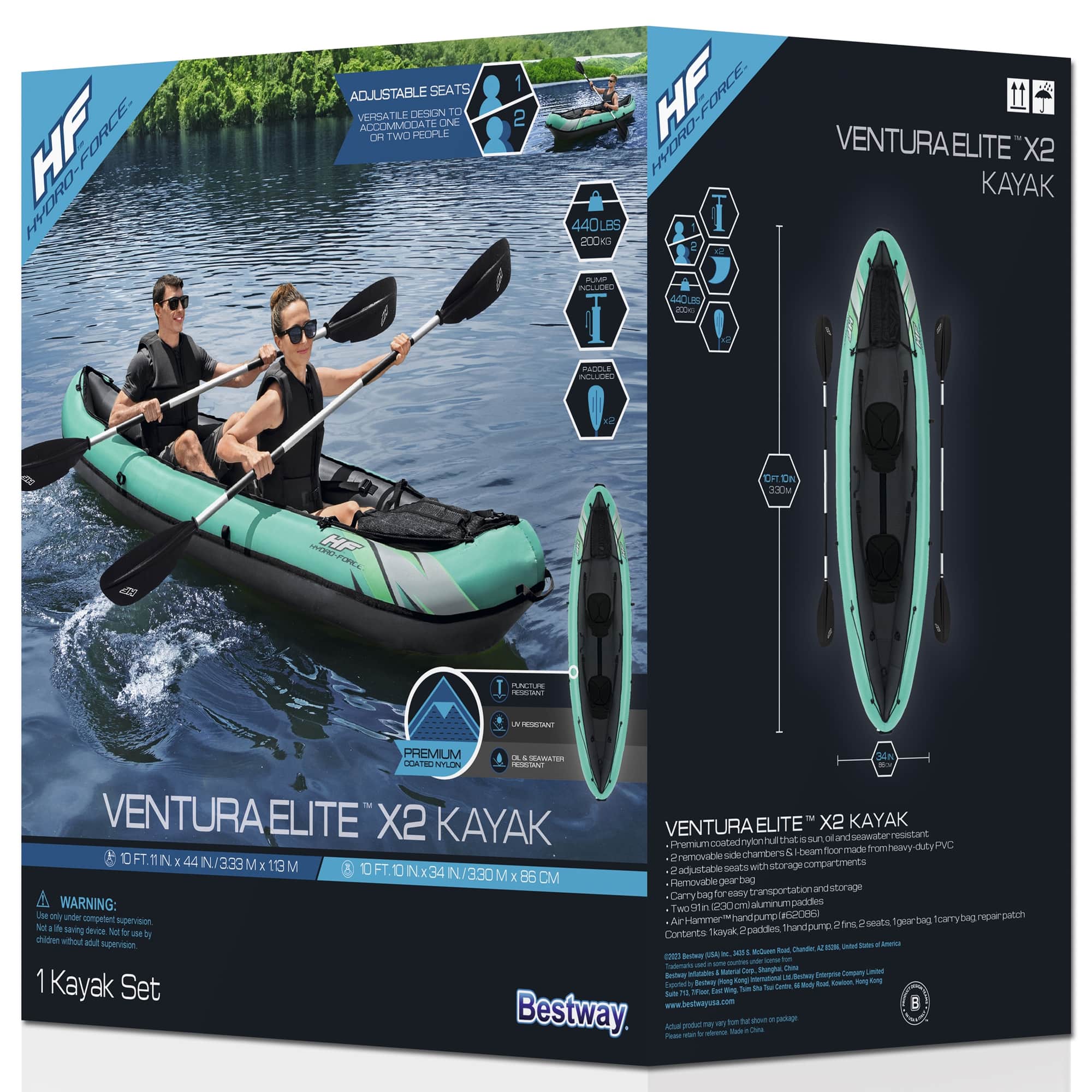 The text on the image reads: "HF D-Force Adjustable Seats DNGN to Ventura Elite X2 Kayak 440 2000 12 PALUCE 40R 25 PACKAGE INCLUDES LON 2XM G-PORCL I AE E2 ETENTN PREMIUM SEAMATOR CDATC NYLON T - VENTURA ELITE X2 KAYAK seawater resistant chat . sun olanc madea dut PVC chambers team noor removible sd DFT.1INx T 44 N/333 M compar oments 13 M FT 10 N x34  adustable seats with storage N /330 M E 86 DM Removabilege bag tra ansportationa storage Carry bag for eaDy WARNING: TwoS U ony under congelent Hammer G2OU 1cam supervson thne Poeats fgear Nr 3 i savg device No la Tkayok 2 paddes thandpump -  Contents Childen wthout  supervision - - - - 34 Baum ta canan i Secka U - - s - Tabiato - U Segha am Betet  aura Srow 1 Io 8 Bed Coote Bet s song fom Soatom m Km Kayak Set t T - . - ntoan to 8 -  P [www.besieiyuta.com](http://www.besieiyuta.com) B Bestway. T atua pooun - - n - un - - Ta o9 ack."