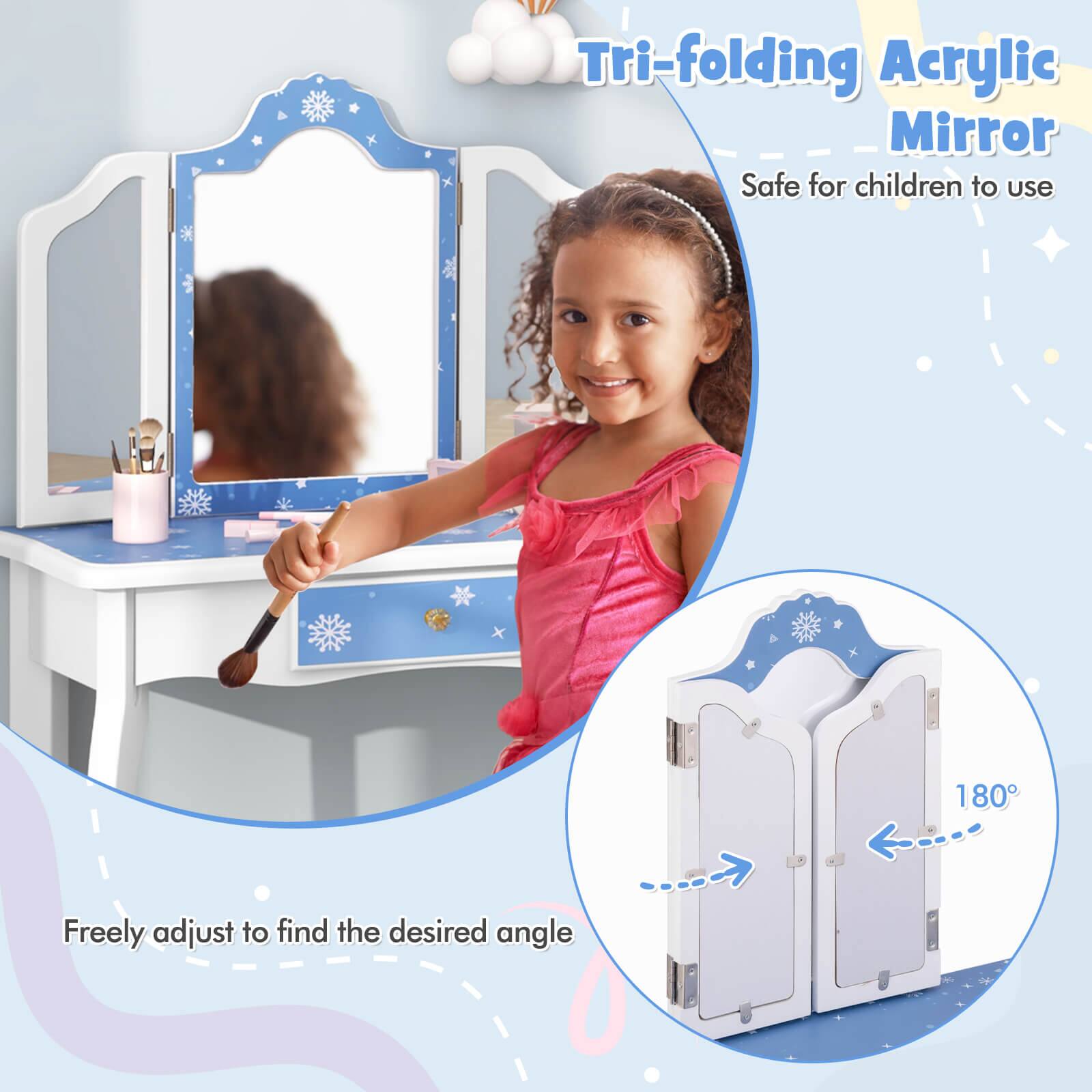 Tri-folding Acrylic Mirror  
Safe for children to use  

Freely adjust to find the desired angle  

180°