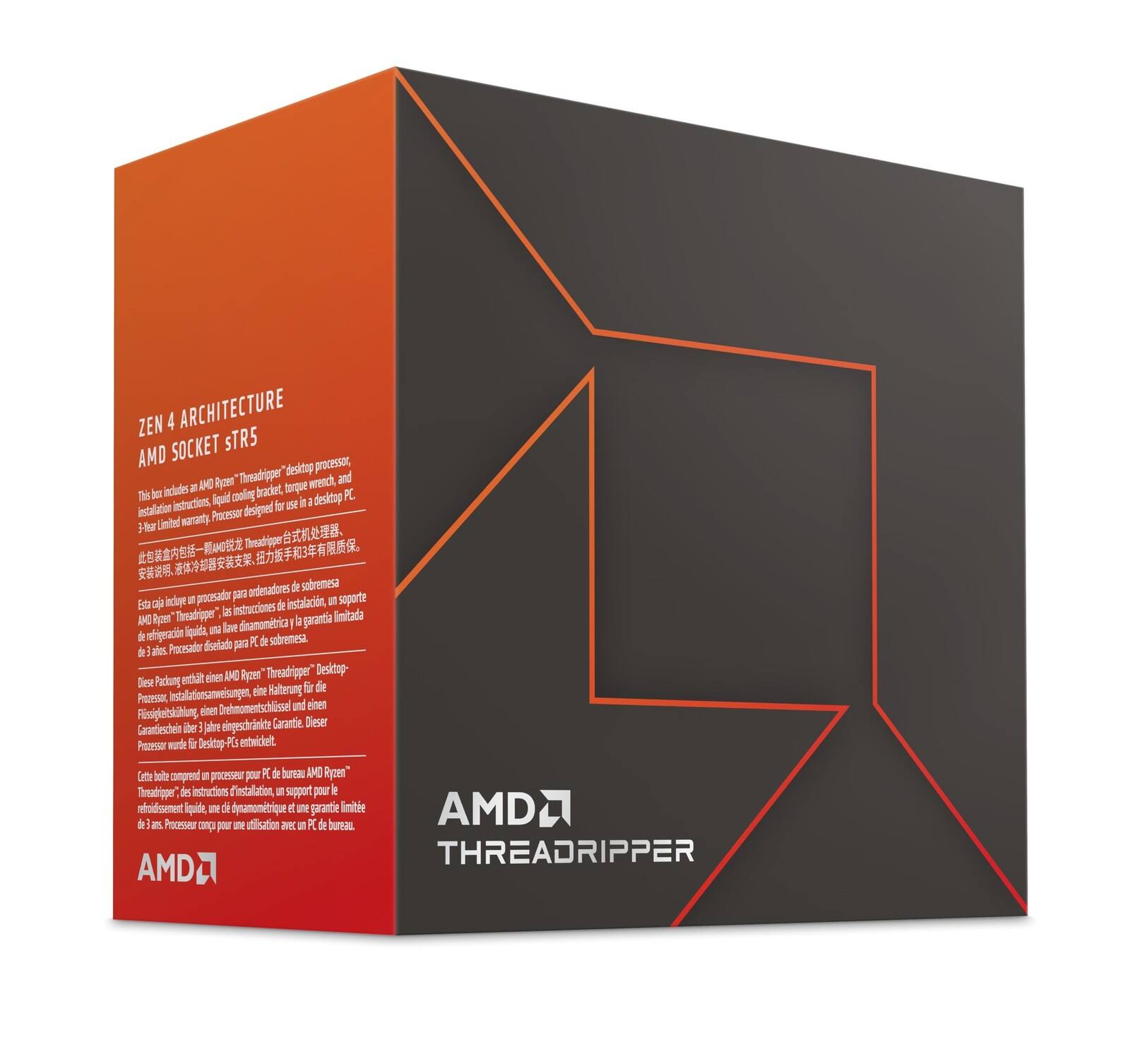 ZEN 4 ARCHITECTURE  
AMD SOCKET sTR5  

This box includes an AMD Ryzen™ "Threadripper™" desktop processor, installation instructions, liquid cooling bracket, torque wrench, and a limited warranty. Processor designed for use in a desktop PC.  

3-Year Limited Warranty  

AMD THREADRIPPER  

This box incluye un AMD Ryzen™ "Threadripper™" procesador de escritorio, instrucciones de instalación, soporte para refrigeración líquida, llave de torsión y garantía limitada. Procesador diseñado para uso en una PC de escritorio.  

3 años de garantía limitada  

Este paquete incluye un AMD Ryzen™ "Threadripper™" procesador de escritorio, instrucciones de instalación, soporte para refrigeración líquida y garantía limitada de 3 años. Procesador diseñado para uso en una PC de escritorio.  

3 Jahre Garantie  

Dieses Paket enthält ein AMD Ryzen™ "Threadripper™" Desktop-Prozessor, Installationsanweisungen, eine Flüssigkühlung und einen Drehmomentschlüssel sowie eine 3 Jahre Garantie. Dieser Garant