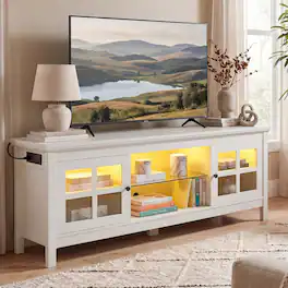 Aheaplus - 55.1'' Farmhouse TV Stand with Power Outlets and LED Lights, Wood Entertainment Center Fits TVs Up to 60 Inches - Rustic White
