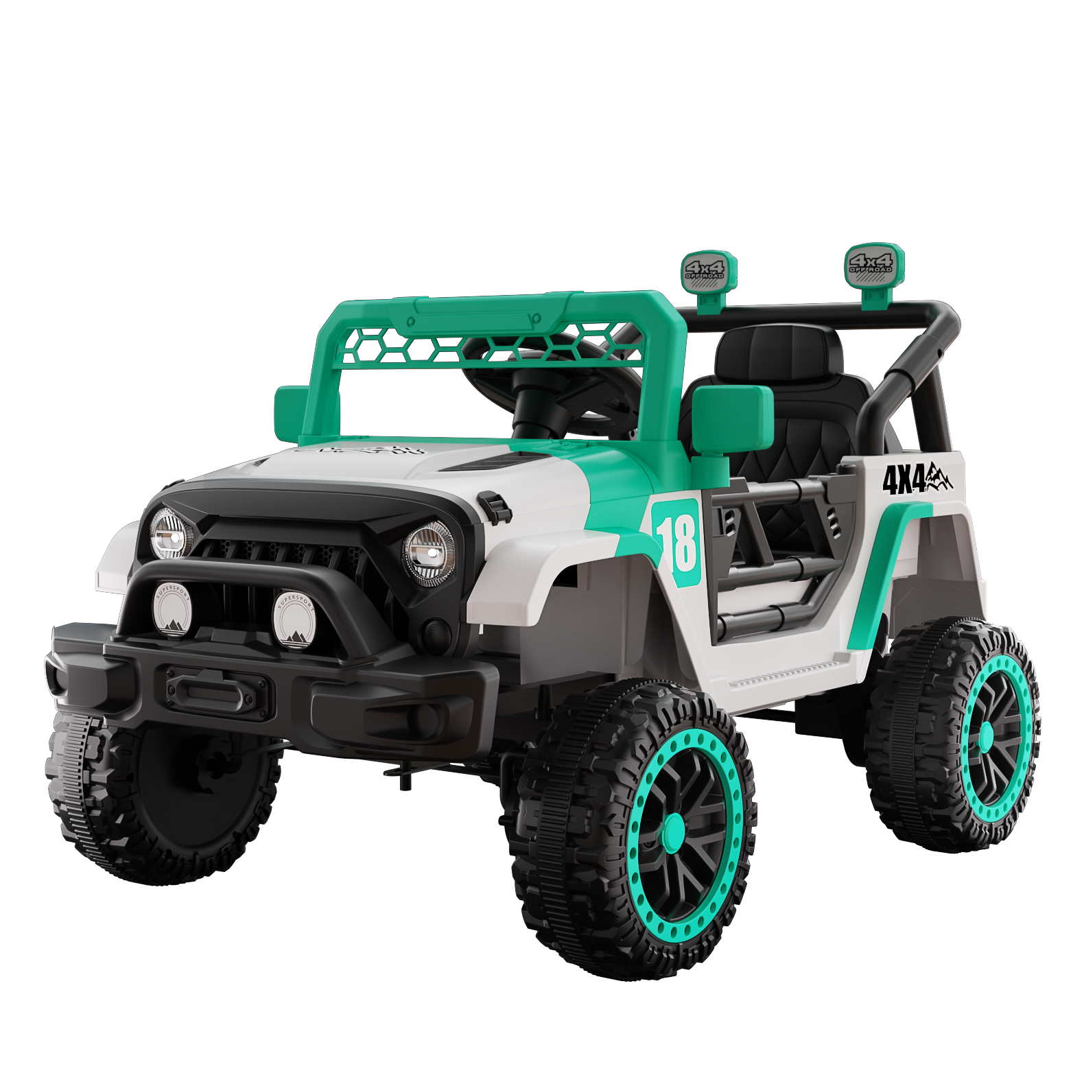 BreeBe - 12V Kids Ride-On Car with Parental Remote, Spring Suspension, LED Lights, Music Player, White/Green - White, Green