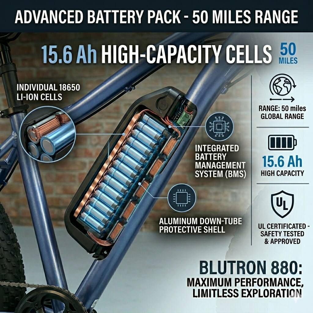 ADVANCED BATTERY PACK - 50 MILES RANGE

15.6 Ah HIGH-CAPACITY CELLS

- INDIVIDUAL 18650 LI-ION CELLS
- INTEGRATED BATTERY MANAGEMENT SYSTEM (BMS)
- ALUMINUM DOWN-TUBE PROTECTIVE SHELL
- UL CERTIFICATED - SAFETY TESTED & APPROVED

RANGE: 50 MILES GLOBAL RANGE

15.6 Ah HIGH CAPACITY

BLUTRON 880: MAXIMUM PERFORMANCE, LIMITLESS EXPLORATION