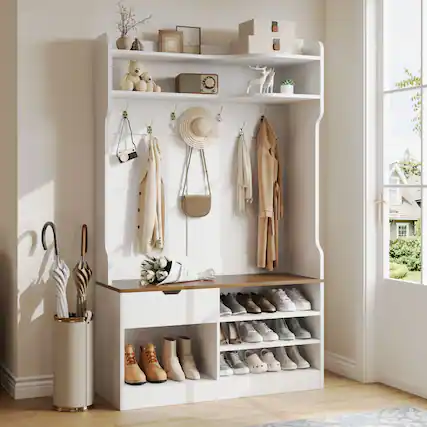 Front. Anysun - 5-in-1 Hall Tree with Bench & Shoe Storage - 3-Layer Cabinet, 7 Hooks, Drawer. 42.9"W x 15.94"D x 70.86"H, Country Style - White.