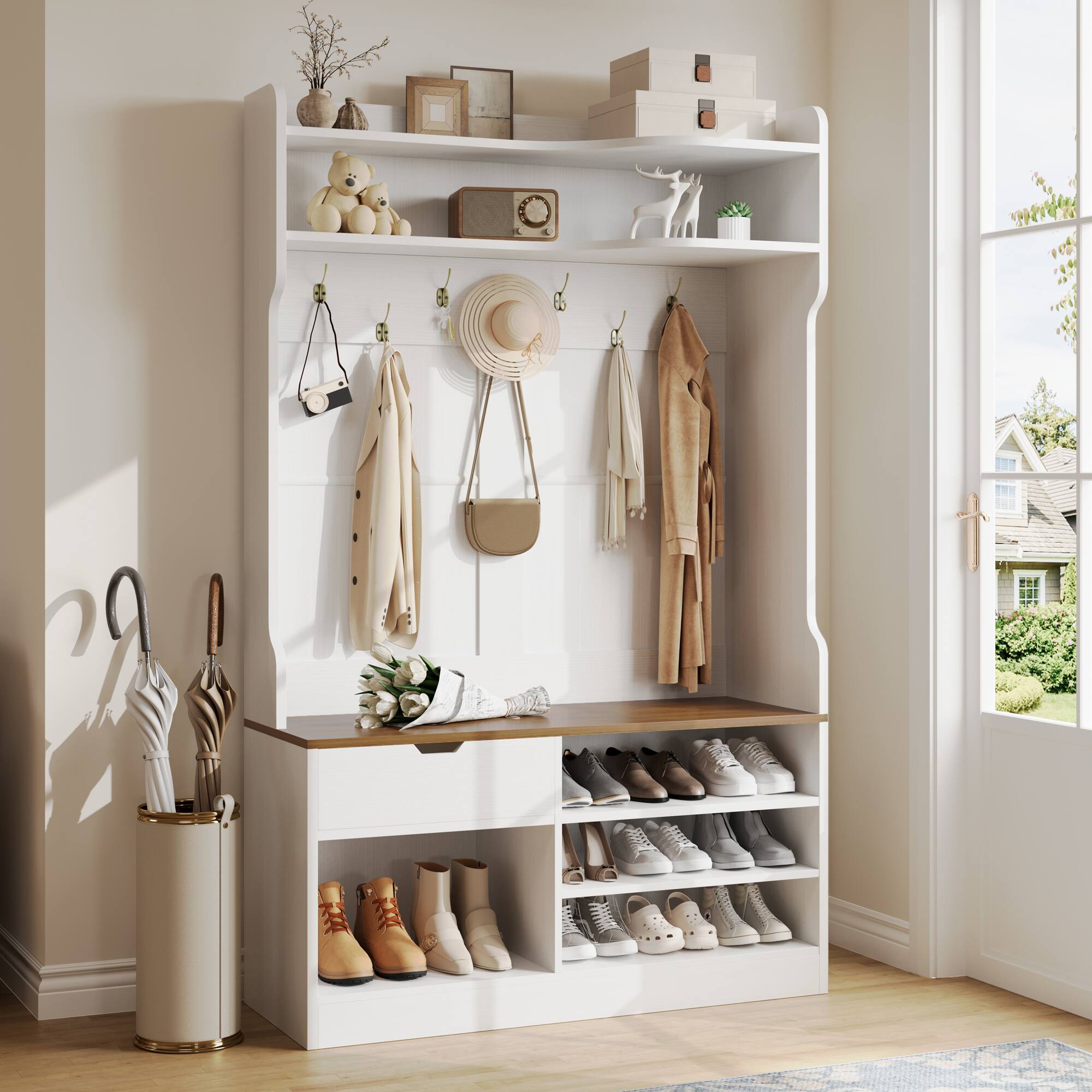 Front. Anysun - 5-in-1 Hall Tree with Bench & Shoe Storage - 3-Layer Cabinet, 7 Hooks, Drawer. 42.9"W x 15.94"D x 70.86"H, Country Style - White.