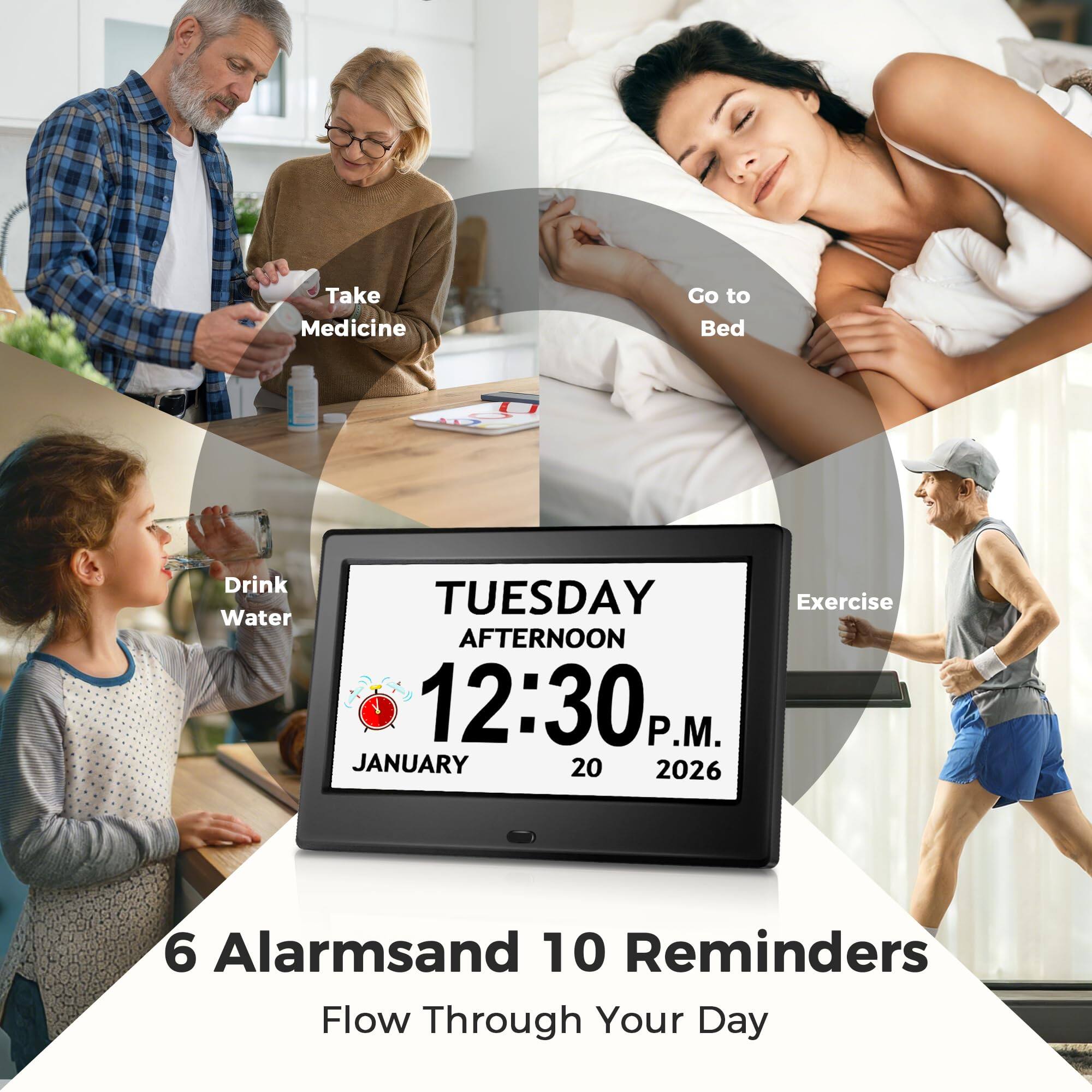 Take Medicine  
Go to Bed  
Drink Water  

TUESDAY AFTERNOON 12:30 P.M.  
JANUARY 20 2026  

Exercise  

6 Alarms and 10 Reminders  
Flow Through Your Day
