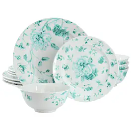 Martha Stewart - Chinoserie 12 Piece Round Porcelain Dinnerware Set - Teal