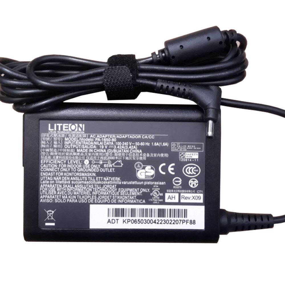 LITEON  
AC ADAPTER / ADAPTADOR CA/CC  
MODEL: PA-1650-80  

INPUT / ENTRADA / NAILA DAYA  
100-240V 50-60Hz 1.6A(1,6A)  

OUTPUT / SALIDA  
19V 42A(3 42A)  

MADE IN CHINA / DVBUATAN CHINA  

SAFETY A  
120814-11  

EFFICIENCY LEVEL: 65W  

CAUTION: FOR INDOOR USE ONLY  
ENDAST FÖR KONTORSMASKIN  
UTTAG NAR DEN ANSLUTS TILL ETT NATVERK  
APPARATEN SKALL ANSLUTAS TILL JORDAT  
UTILISER AVEC DU MATERIEL INFORMATIQUE SEULEMENT  
APPARATET MA KUN TILKOPLES JORDET STIKKONTAKT  
AVISO: SOLO PARA USO DE EQUIPO DE INFORMATICA  

CT1  

Rev:X09  

ADT KP065030042230