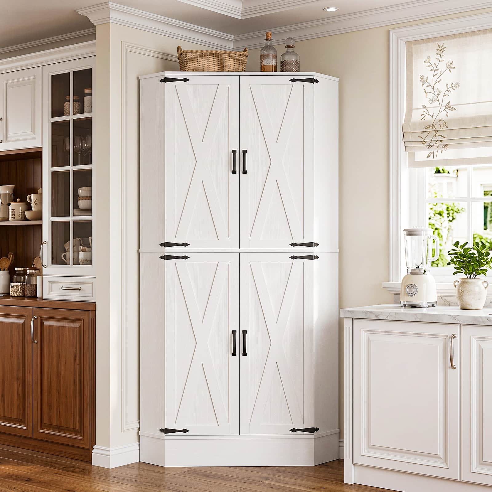 Left. Aheaplus - 70'' Tall Farmhouse Corner Pantry Storage Cabinet, Storage Cupboard with Drawer and 3 Adjustable Shelves - White.