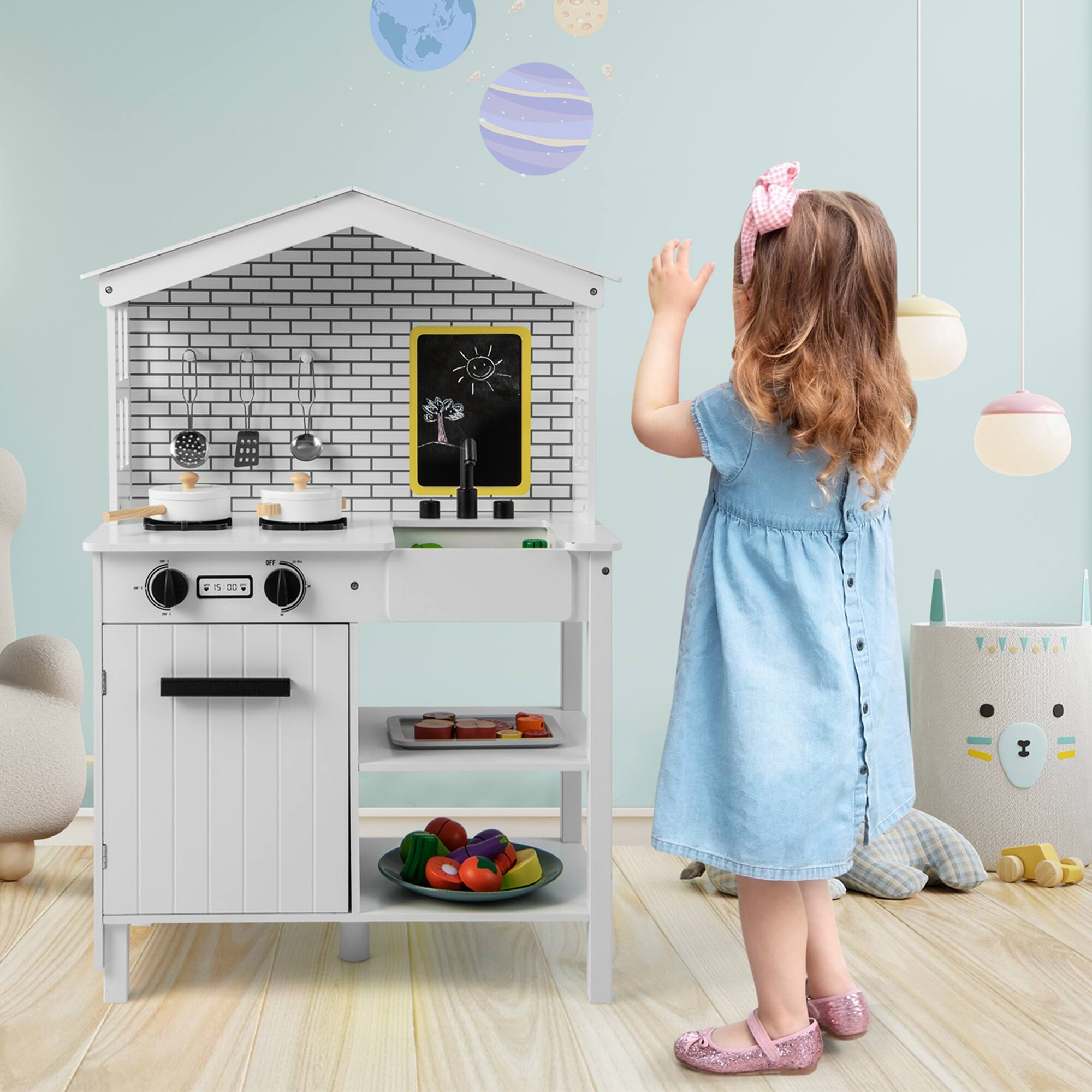 Alt View 2. Costway - Costway Kids Farmhouse Kitchen Play Set Wooden Pretend Toy with Storage & Accessories - White.