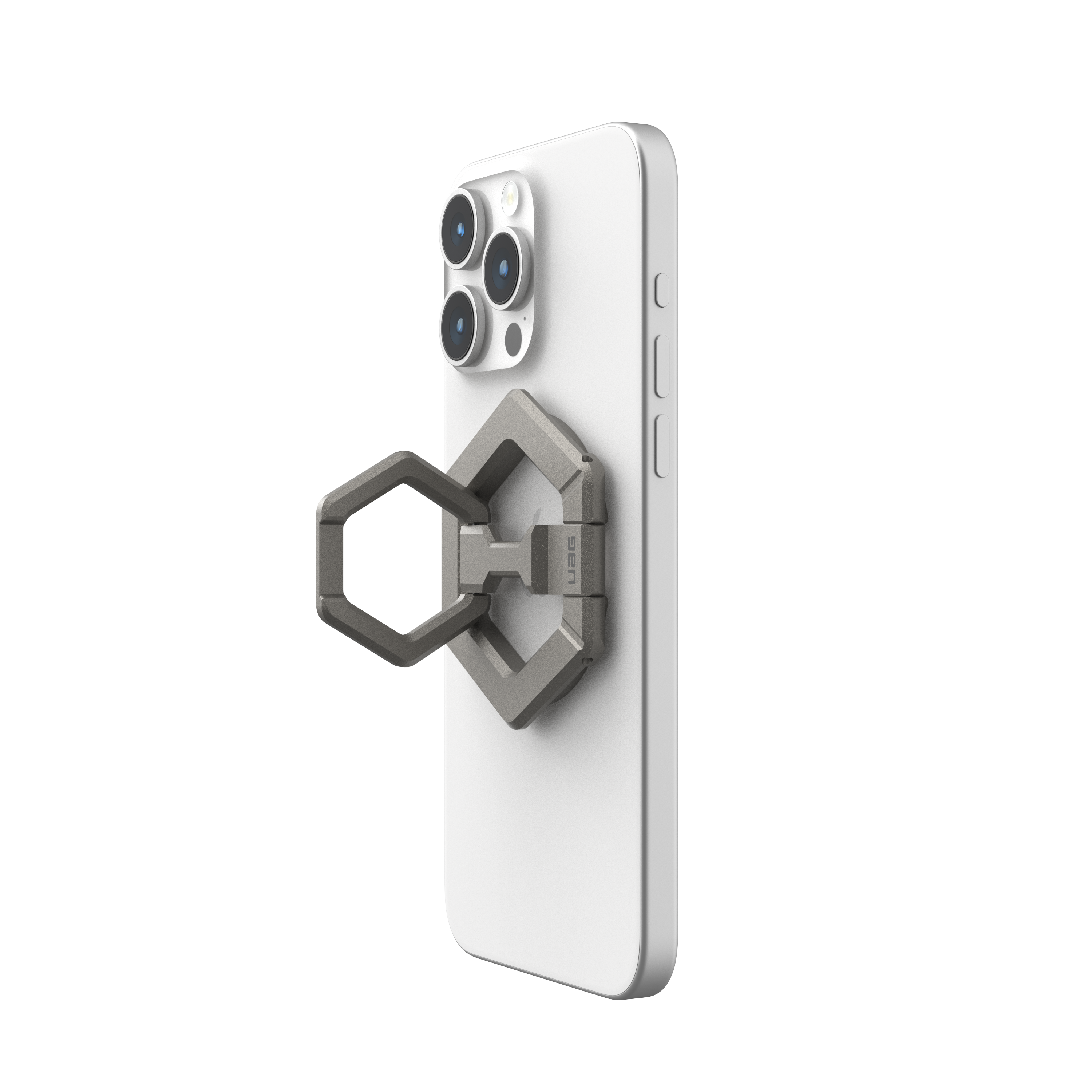 Angle. UAG - Magnetic Phone Ring Stand, Universal MagSafe Phone Grip & Stand, Ultra-Strong Magnetic Hold, Premium Zinc, Sturdy - Titanium.