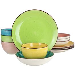 Elama - Hudson 12 Piece Double Bowl Stoneware Dinnerware Set in Assorted Colors - Yellow, Teal, Lime, Pink