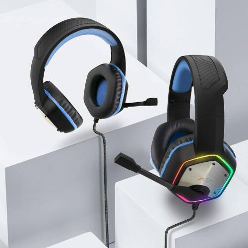 Back. EKSA Telecom - EKSA E1000 Gaming Headset – Blue, Noise-Canceling Mic, RGB Light, 7.1 Surround Sound, PC, PS4, PS5, Laptop.