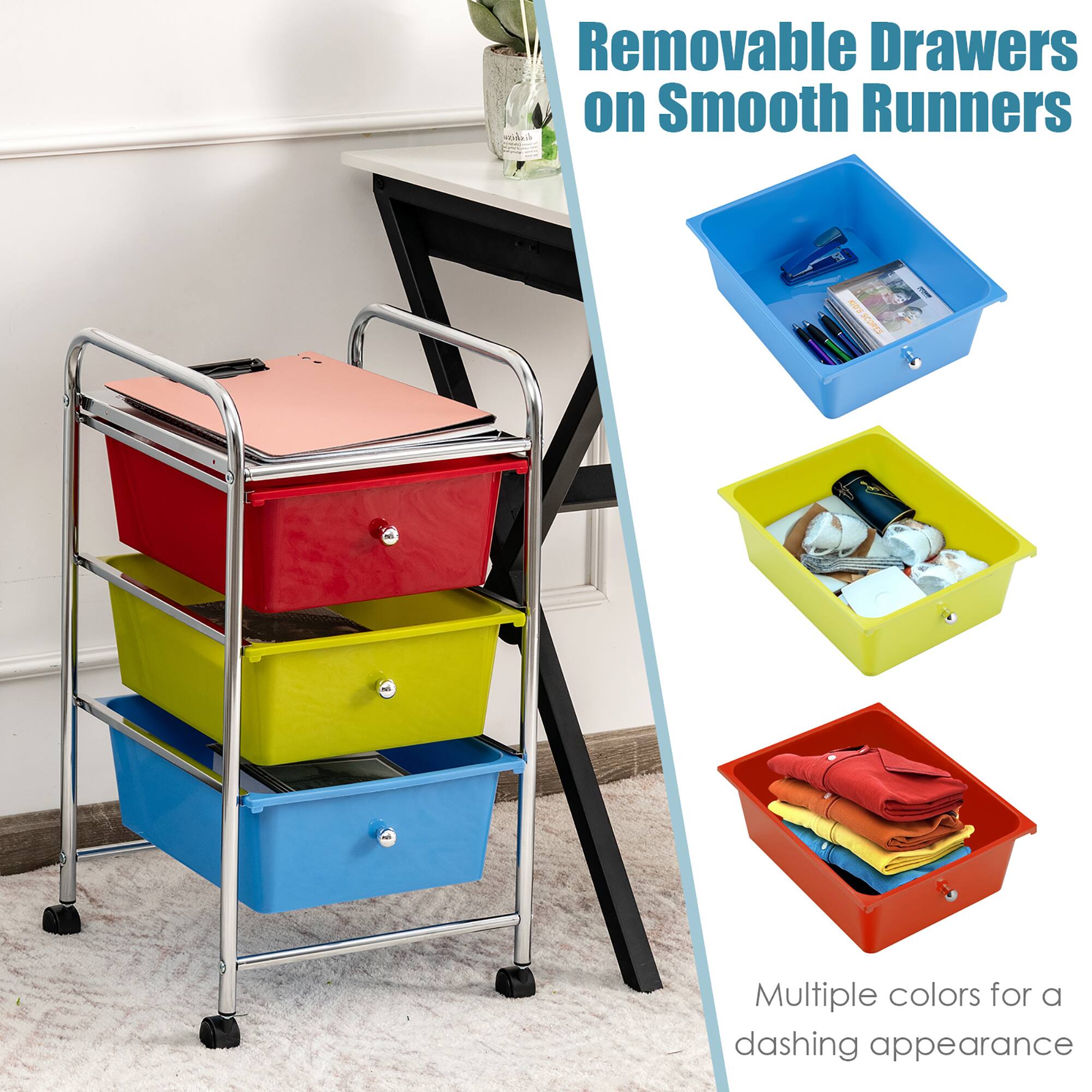 Removable Drawers on Smooth Runners come in multiple colors for a dashing appearance.