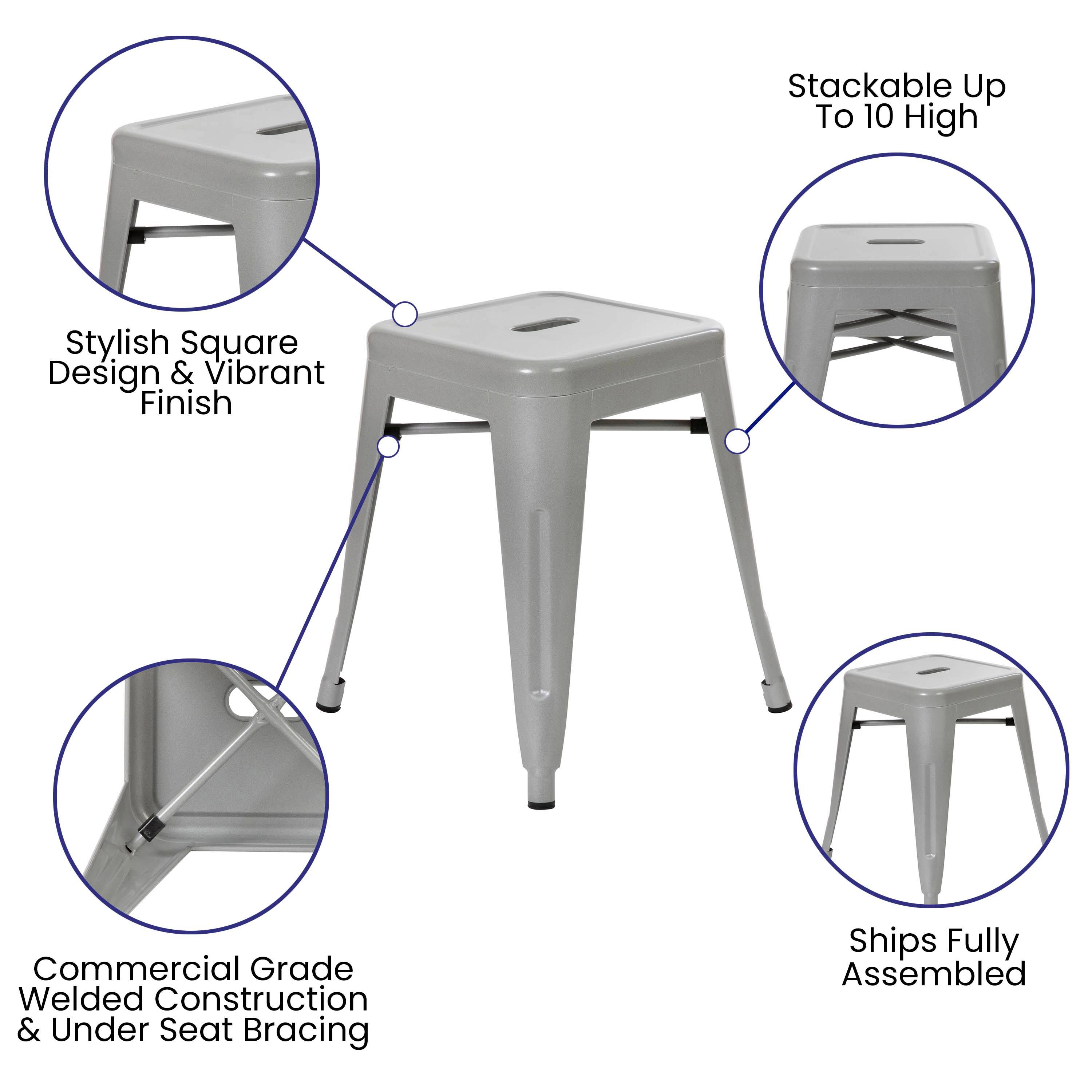 Stackable Up To 10 High  
Stylish Square Design & Vibrant Finish  
Commercial Grade Welded Construction & Under Seat Bracing  
Ships Fully Assembled