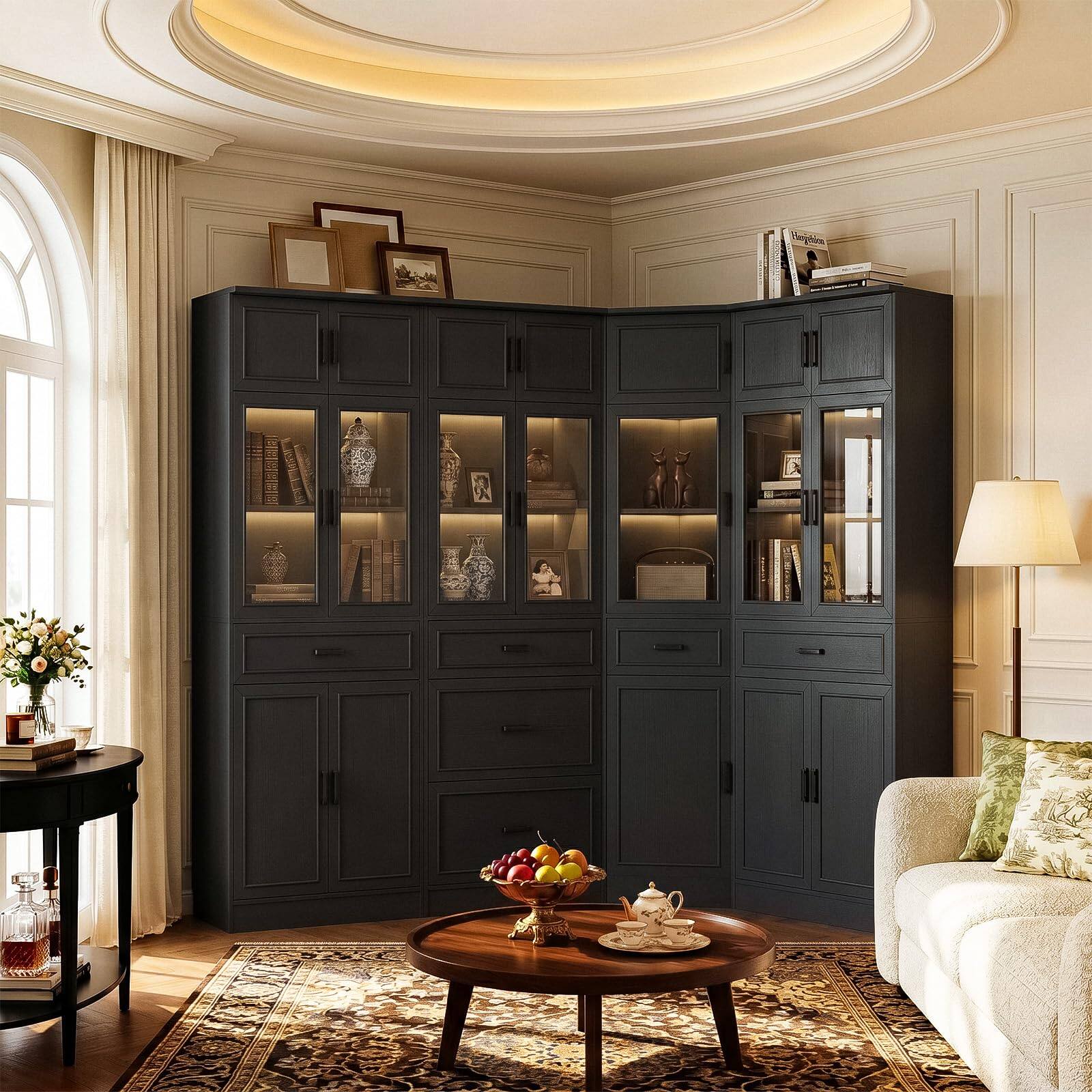 Alt View 2. Aheaplus - 80" Tall Corner Bookcase & Storage Cabinet Set - Versatile Organizer for Home Office, Living & Dining Room - Black.