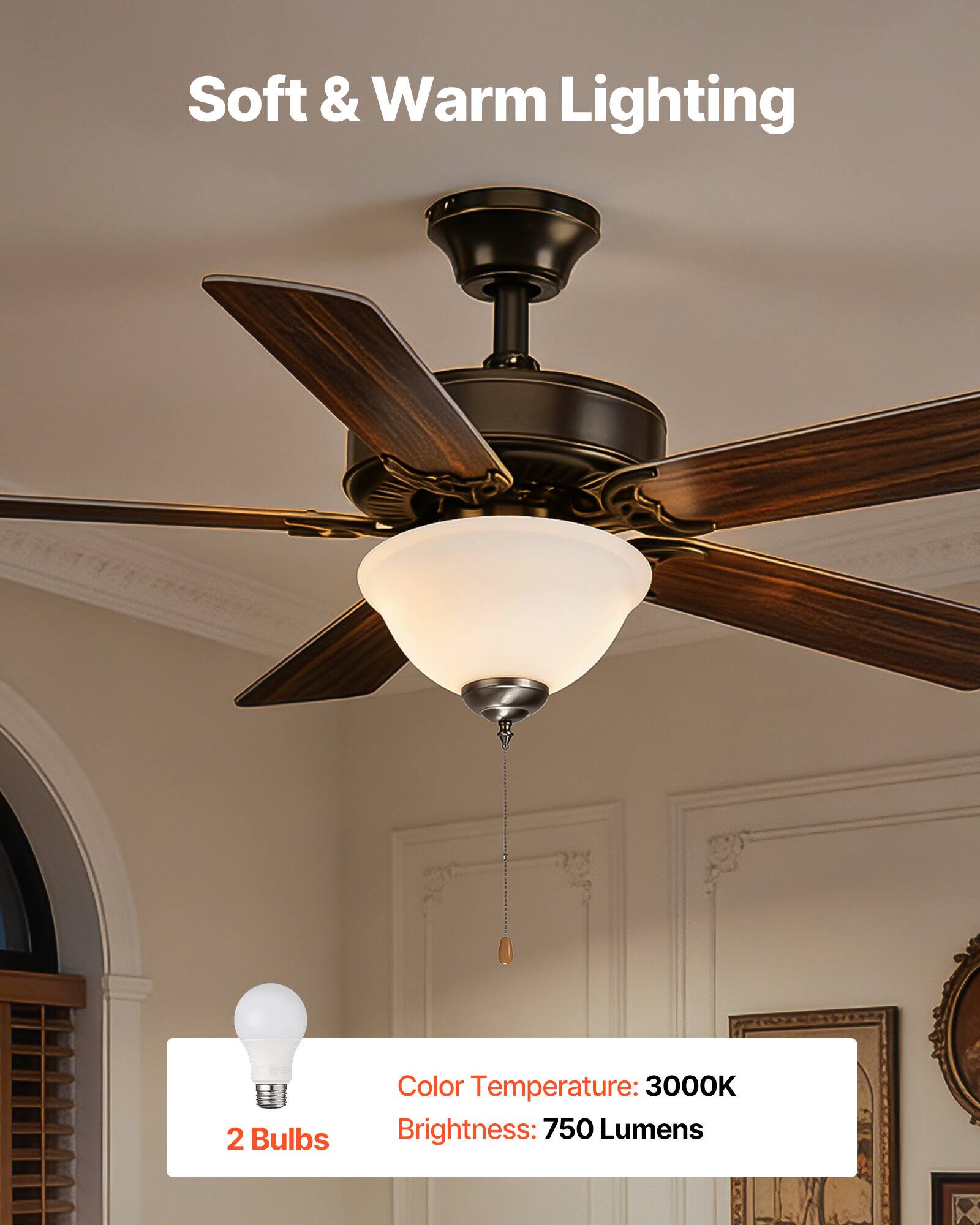 Soft & Warm Lighting  
2 Bulbs  
Color Temperature: 3000K  
Brightness: 750 Lumens