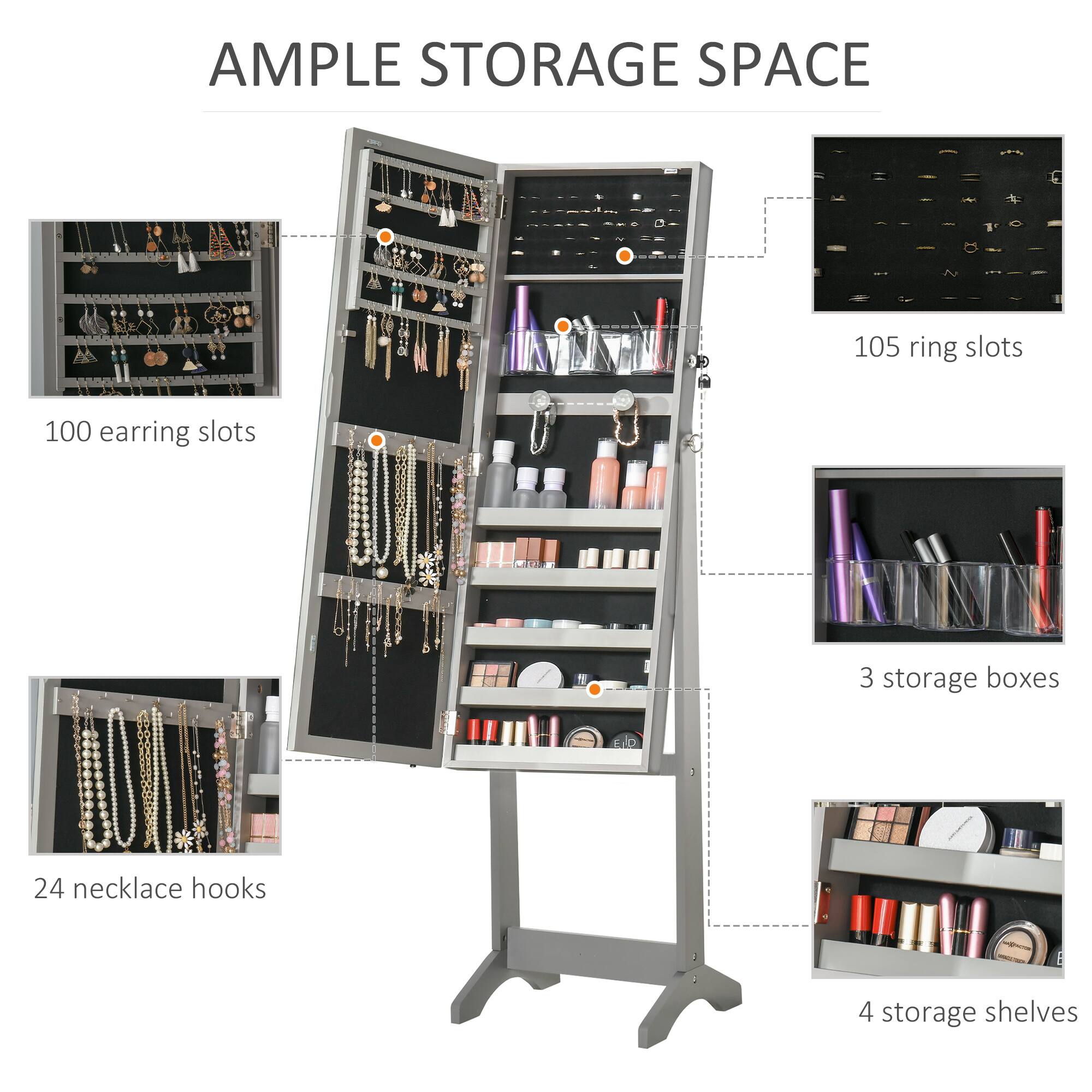 AMPLE STORAGE SPACE
105 ring slots
100 earring slots
24 necklace hooks
3 storage boxes
4 storage shelves