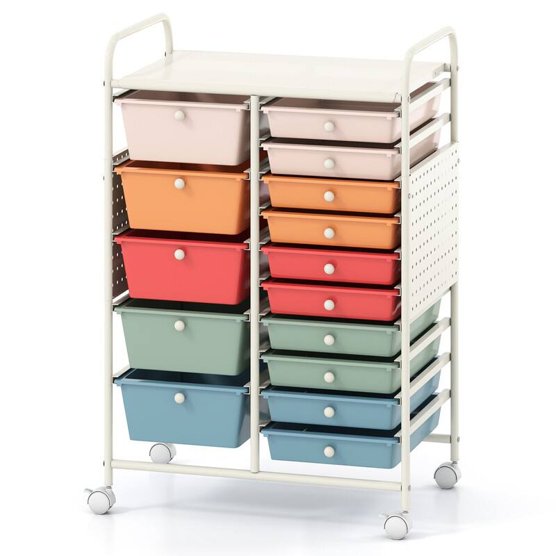 Alt View 4. WELLFOR - 15-Drawer Rolling Storage Cart with Metal Tabletop and Pegboard, Scrapbook Paper Office School Organizer - Macaron.