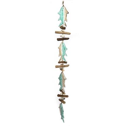 Front. Bamboo Source Tropical Decor - Aqua Color Tuna Fish Driftwood and Stone Hanging Strand Home Beach Decoration 43 inch - Multicolor.