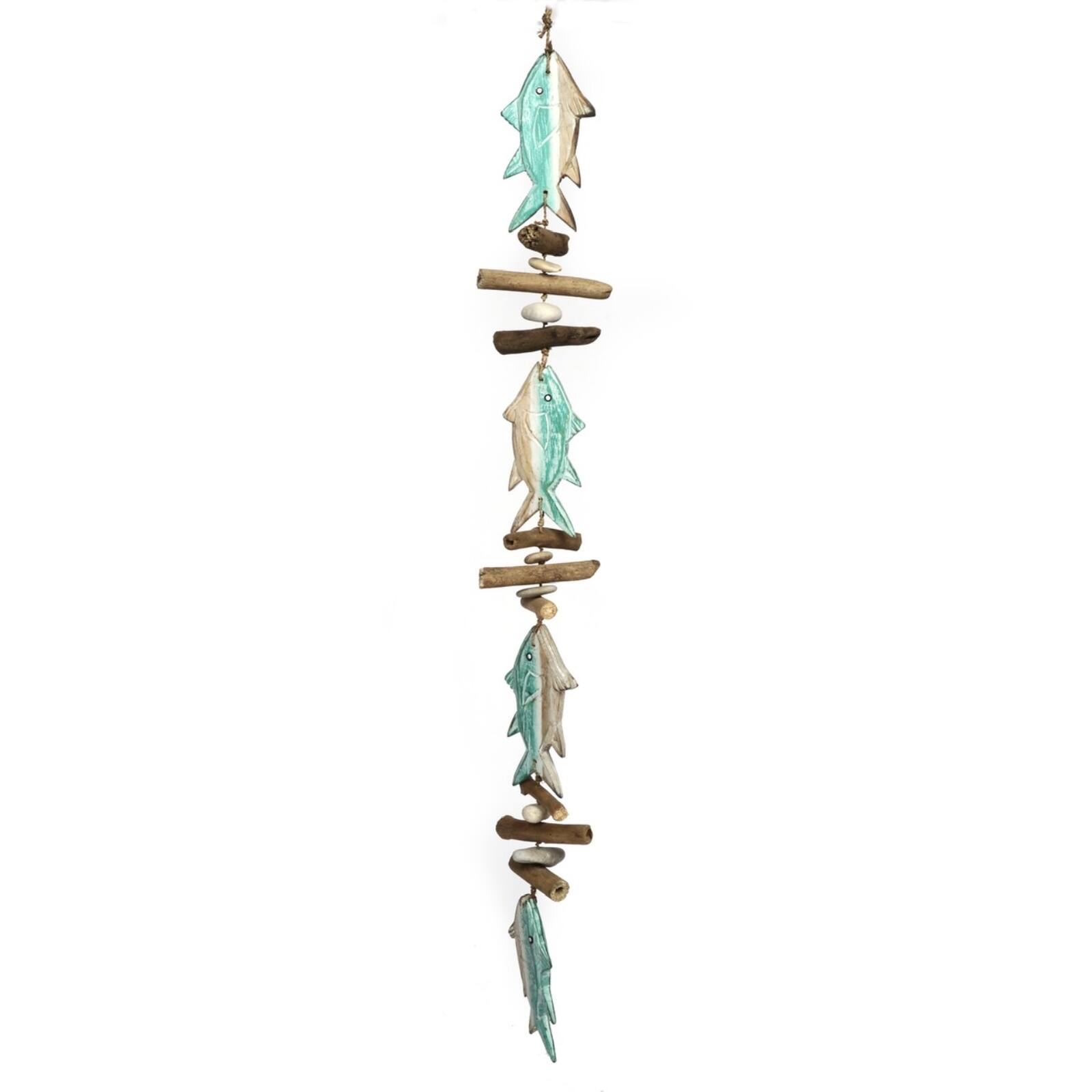 Front. Bamboo Source Tropical Decor - Aqua Color Tuna Fish Driftwood and Stone Hanging Strand Home Beach Decoration 43 inch - Multicolor.