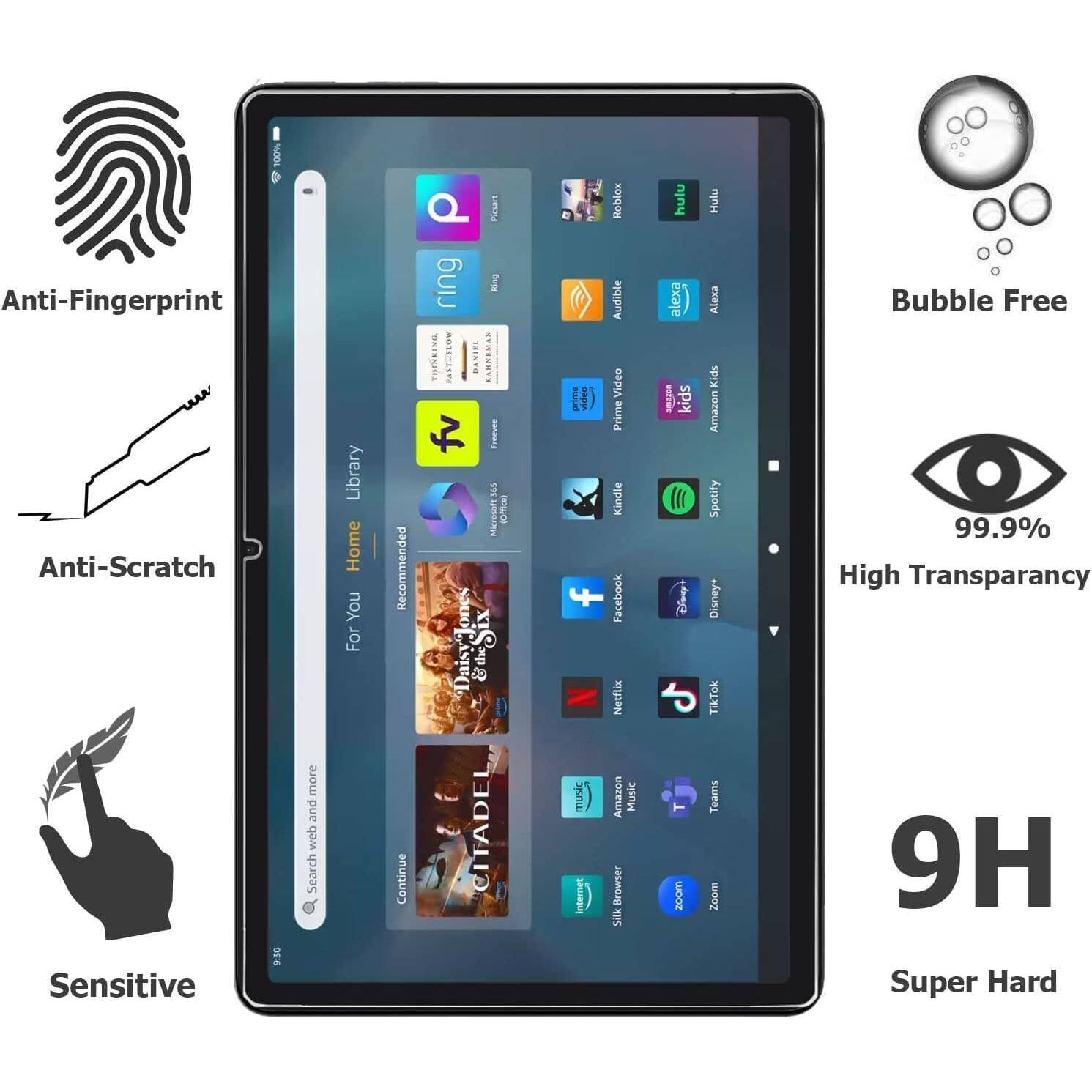 The image shows a tablet with icons for various apps and features. The icons include:

1. Anti-Fingerprint: This feature helps prevent fingerprints from appearing on the screen.
2. Anti-Scratch: This feature protects the screen from scratches and other damage.
3. 930 Sensitive: This feature enhances the touch sensitivity of the screen.
4. Web Search: This feature allows users to search the internet directly from the tablet.
5. Library: This feature provides access to a collection of books, music, and other media.
6. Home: This feature takes users back to the home screen.
7. For You: This feature offers personalized recommendations based on the user's preferences.
8. Recommended: This feature suggests content based on the user's interests.
9. Continue Watching: This feature allows users to pick up where they left off in a show or movie.
10. Pickart: This feature provides access to a collection of artworks.
11. Web Browsing: This feature allows users to browse the internet.
12. Setup: This feature helps users set up their tablet.
13. Hulu: This feature provides access to the Hulu streaming service.
14. Alexa: This feature allows users to interact with Amazon's voice assistant.
15. Kids: This feature provides a child-friendly interface and content.
16. Audible: This feature provides access to audiobooks and podcasts.
17. Prime Video: This feature provides access to Amazon's streaming service.
18. Kindle: This feature provides access to Amazon's e-reader app.
19. Facebook: This feature provides access to the Facebook social media platform.
20. Netflix: This feature provides access to the Netflix streaming service.
21. Music: This feature provides access to music streaming services.
22. Amazon Music: This feature provides access to Amazon's music streaming service.
23. Spotify: This feature provides access to the Spotify music streaming service.
24. Disney+: This feature provides access to the Disney+ streaming service.
25. TikTok: This feature provides access to the TikTok social media platform.
26.