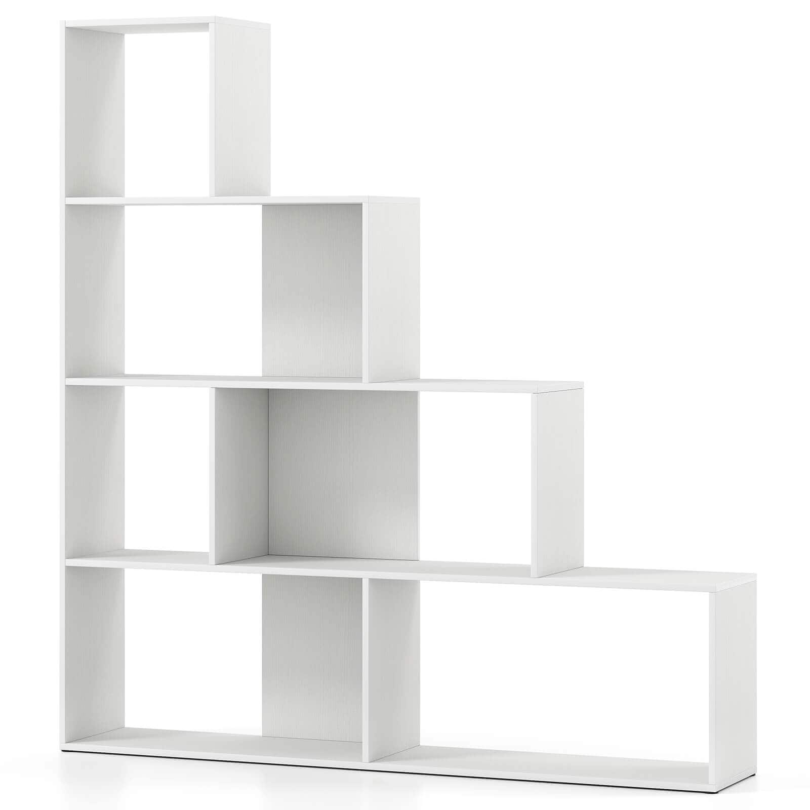 Costway - 1 PCS 4-Tier Bookshelf with 6 Storage Cubes 64" Tall Modern Geometric Stair Bookcase - White