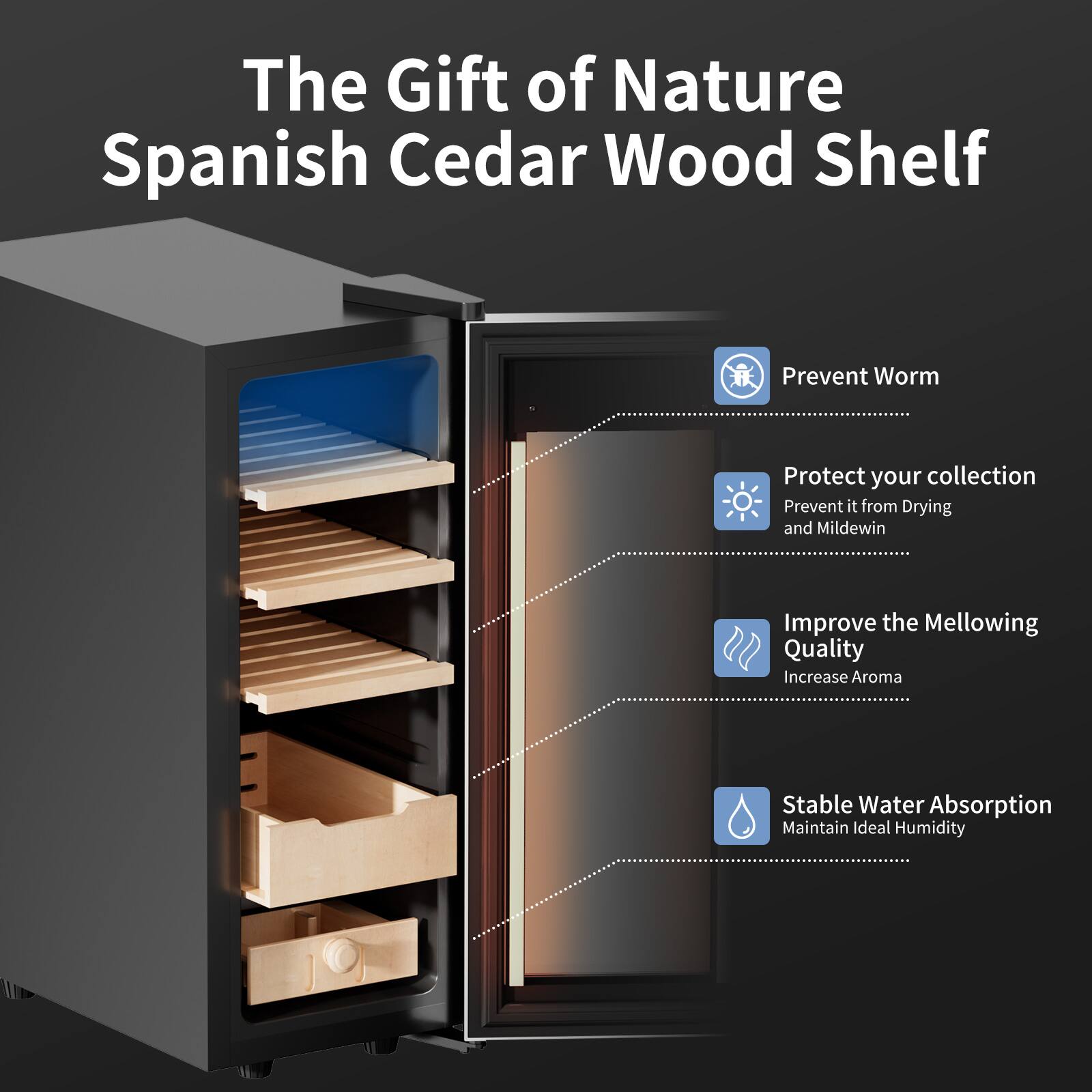 The Gift of Nature Spanish Cedar Wood Shelf

- Prevent Worm
- Protect your collection
  - Prevent it from Drying and Mildew
- Improve the Mellowing Quality
  - Increase Aroma
- Stable Water Absorption
  - Maintain Ideal Humidity