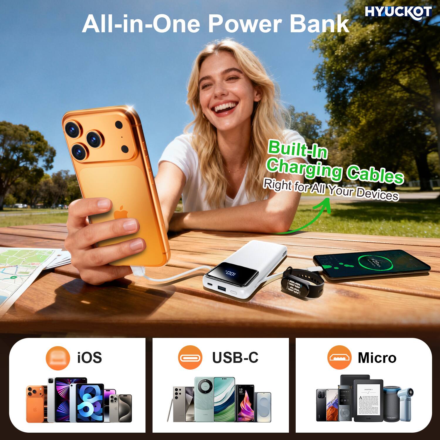 HYUCKOT All-in-One Power Bank Built-In Charging Cables Right for All Your Devices

- iOS
- USB-C
- Micro