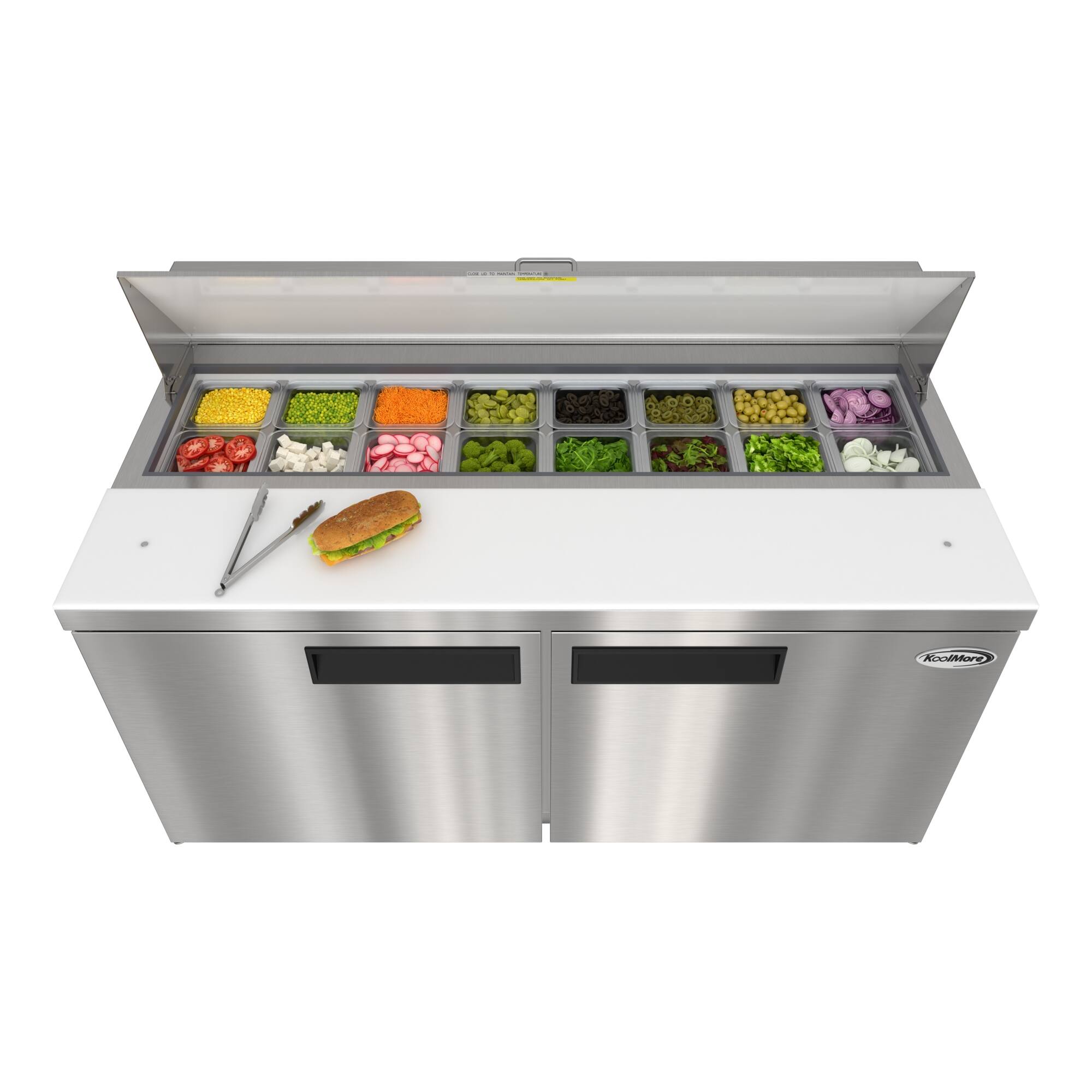 Back. Koolmore - 60 in. Commercial 2-Door Refrigerated Salad and Sandwich Prep Table, 16 Pan Capacity and 18.4 Cu. Ft. of Storage - Stainless steel.
