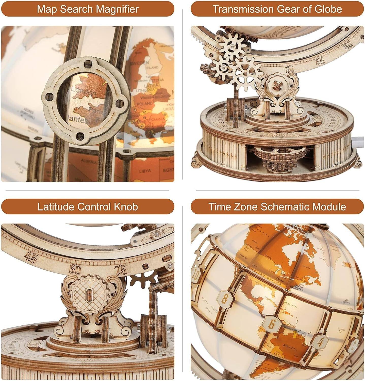 Map Search Magnifier  
Transmission Gear of Globe  
Latitude Control Knob  
Time Zone Schematic Module  

SWEDEN  
FINLAND  
LONDON  
PARIS  
LATVIA  
LITHUANIA  
POLAND  
UKRAINE  
ALGERIA  
LIBYA  
EGYPT  

45  
60  
8  
OCKAN  
E IENITEC  
ALATES  
6  
BRAZIL