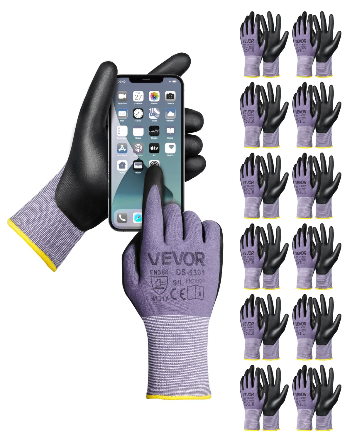 VEVOR - Work Gloves 12 Pairs Touch Screen Nitrile-Coated Garden Construction Gloves - Light purple + Black