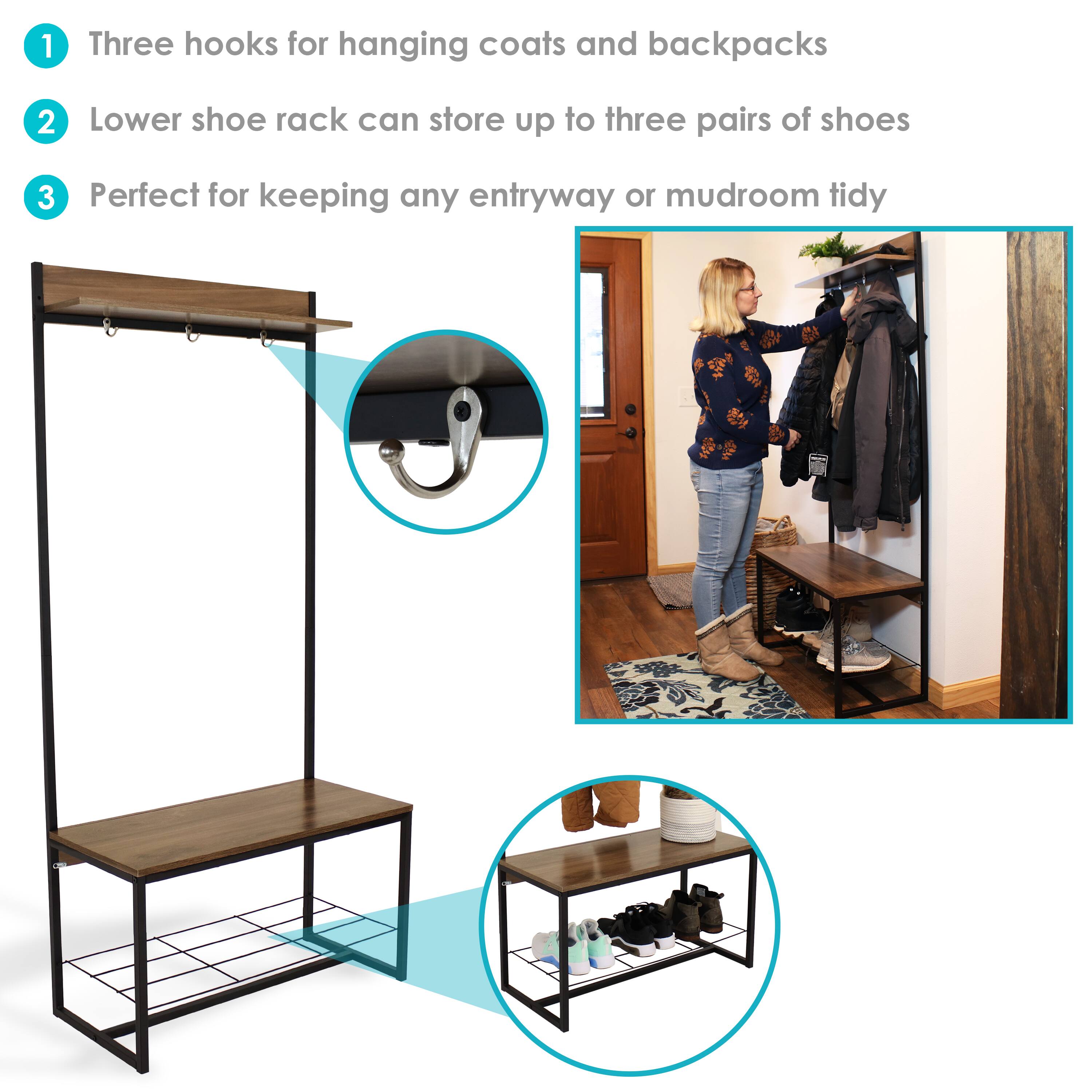 1. Three hooks for hanging coats and backpacks
2. Lower shoe rack can store up to three pairs of shoes
3. Perfect for keeping any entryway or mudroom tidy