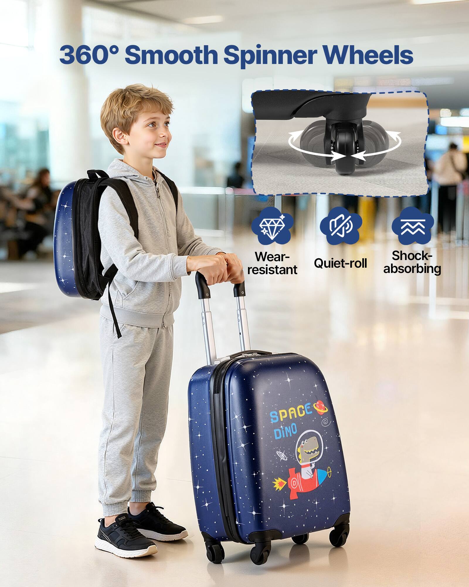360° Smooth Spinner Wheels

- Wear-resistant
- Quiet-roll
- Shock-absorbing

SPACE DINO