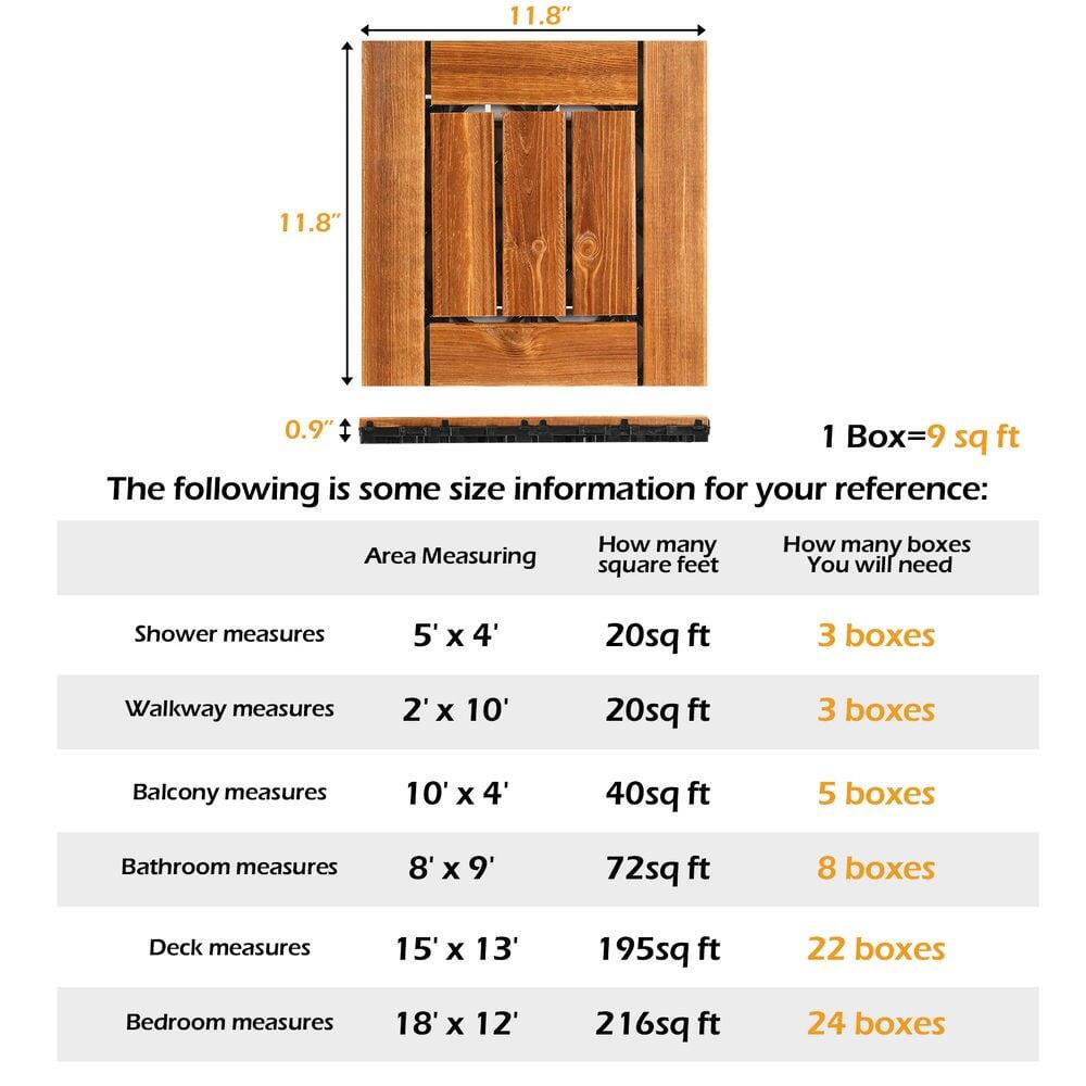 11.8" x 11.8" x 0.9"  
1 Box = 9 sq ft  

The following is some size information for your reference:  

| Area Measuring | How many square feet | How many boxes You will need |
|---------------|--------------------|---------------------------|
| Shower measures | 5' x 4' | 20 sq ft | 3 boxes |
| Walkway measures | 2' x 10' | 20 sq ft | 3 boxes |
| Balcony measures | 10' x 4' | 40 sq ft | 5 boxes |
| Bathroom measures | 8' x 9' | 72 sq ft | 8 boxes |
| Deck measures | 15' x 13' | 195 sq ft | 22 boxes |
| Bedroom measures | 18' x 12' | 216 sq ft | 24 boxes |