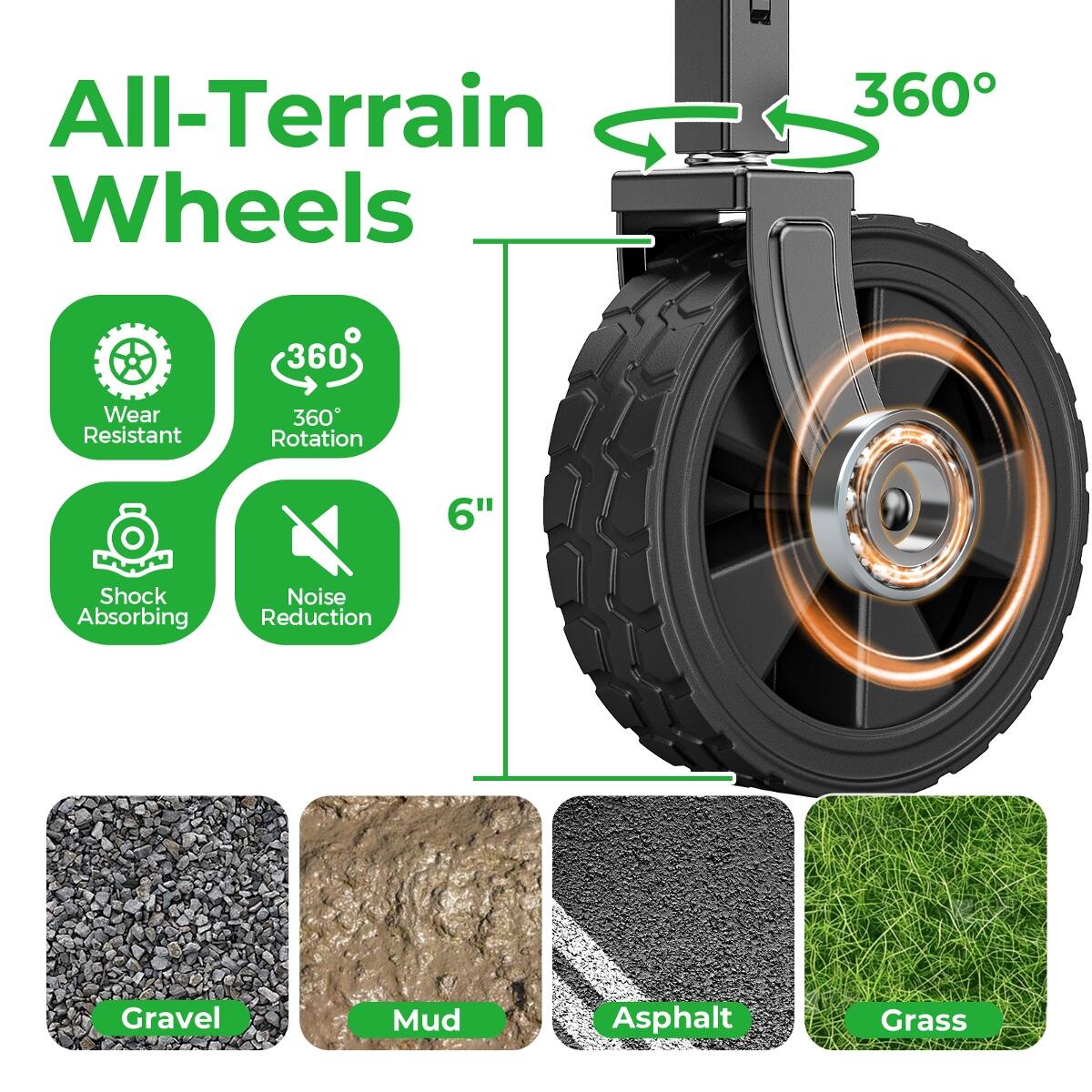 All-Terrain Wheels

- 360° Rotation
- Wear Resistant
- 6" Diameter
- Shock Absorbing
- Noise Reduction

Suitable for:
- Gravel
- Mud
- Asphalt
- Grass