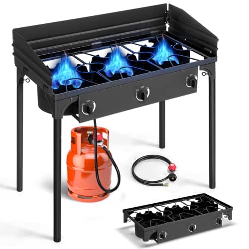 Winado - Portable Camping Stove Propane with 3 Burner, Windpanel 225,000 BTU BBQ Grill for Outdoor Cooking Garden Camping Picnic - Black