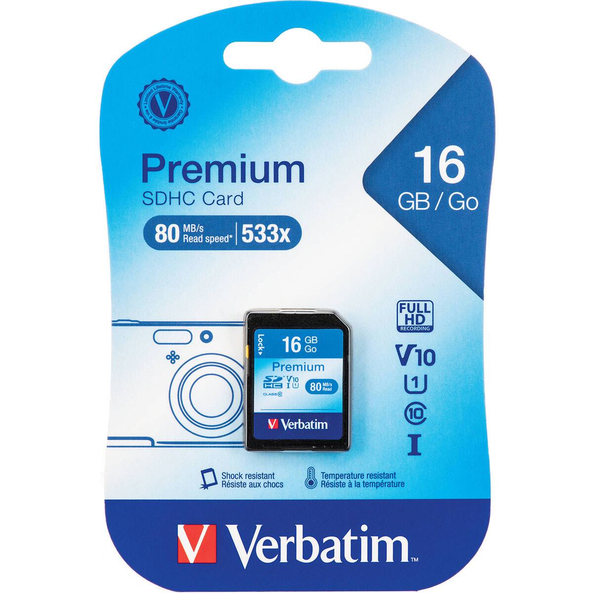 Lifetime Limited Warranty via Garantie limitée Premium SDHC Card MB/s 80 Read speed* 533x  
16 GB/Go  
GB Lock 16 Go Premium V10 IU MB's 80 Read CLASS  
FULL HD RECORDING V10 1  
Verbatim  
10 I  
Shock resistant Résiste aux chocs  
Temperature resistant Résiste à la température  
Verbatim TM