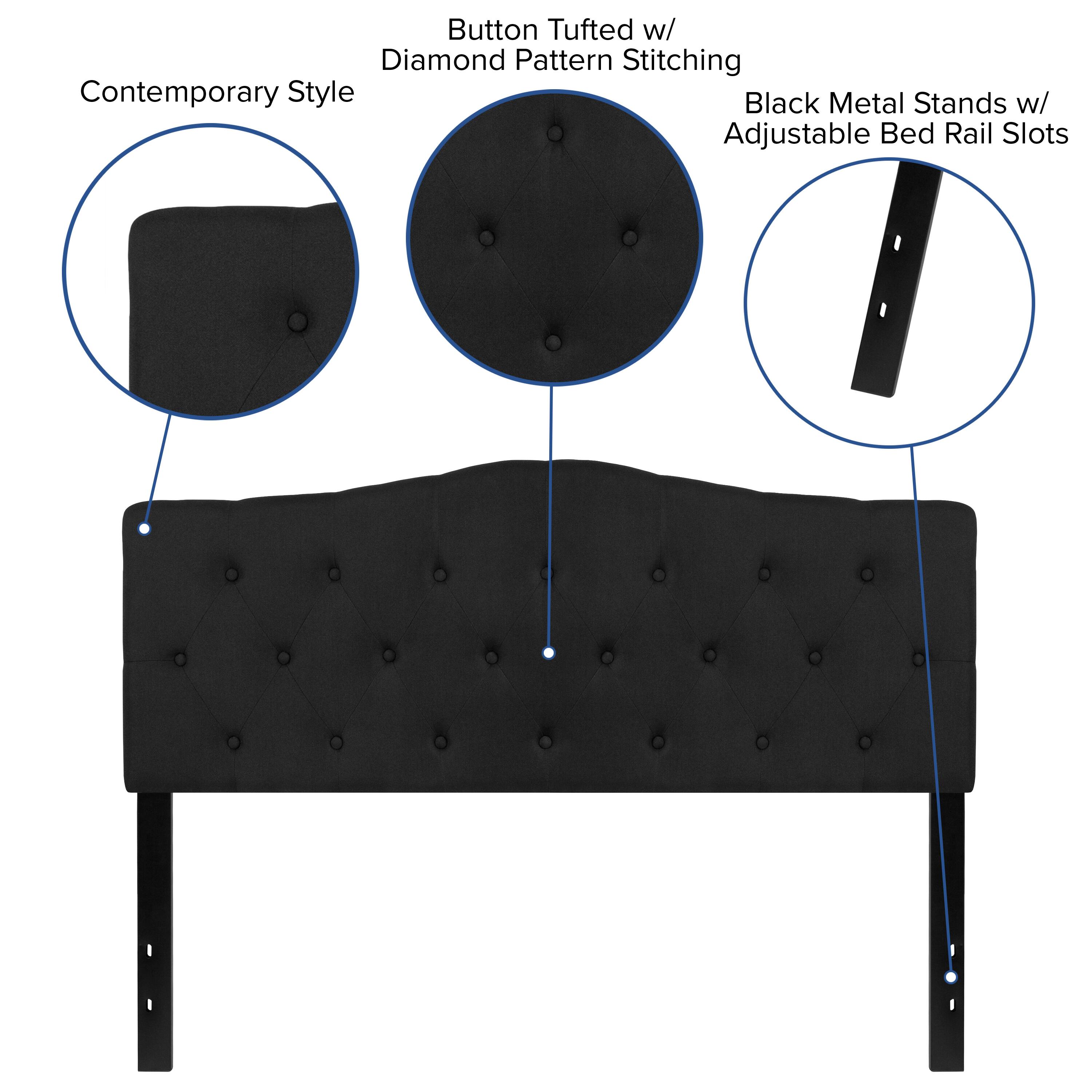 Button Tufted w/ Diamond Pattern Stitching  
Contemporary Style  
Black Metal Stands w/ Adjustable Bed Rail Slots