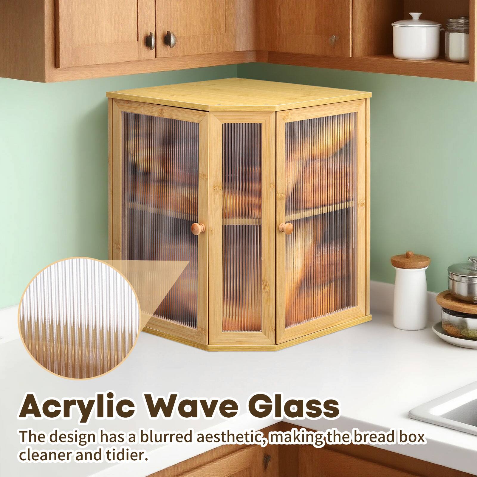 Acrylic Wave Glass  
The design has a blurred aesthetic, making the bread box cleaner and tidier.