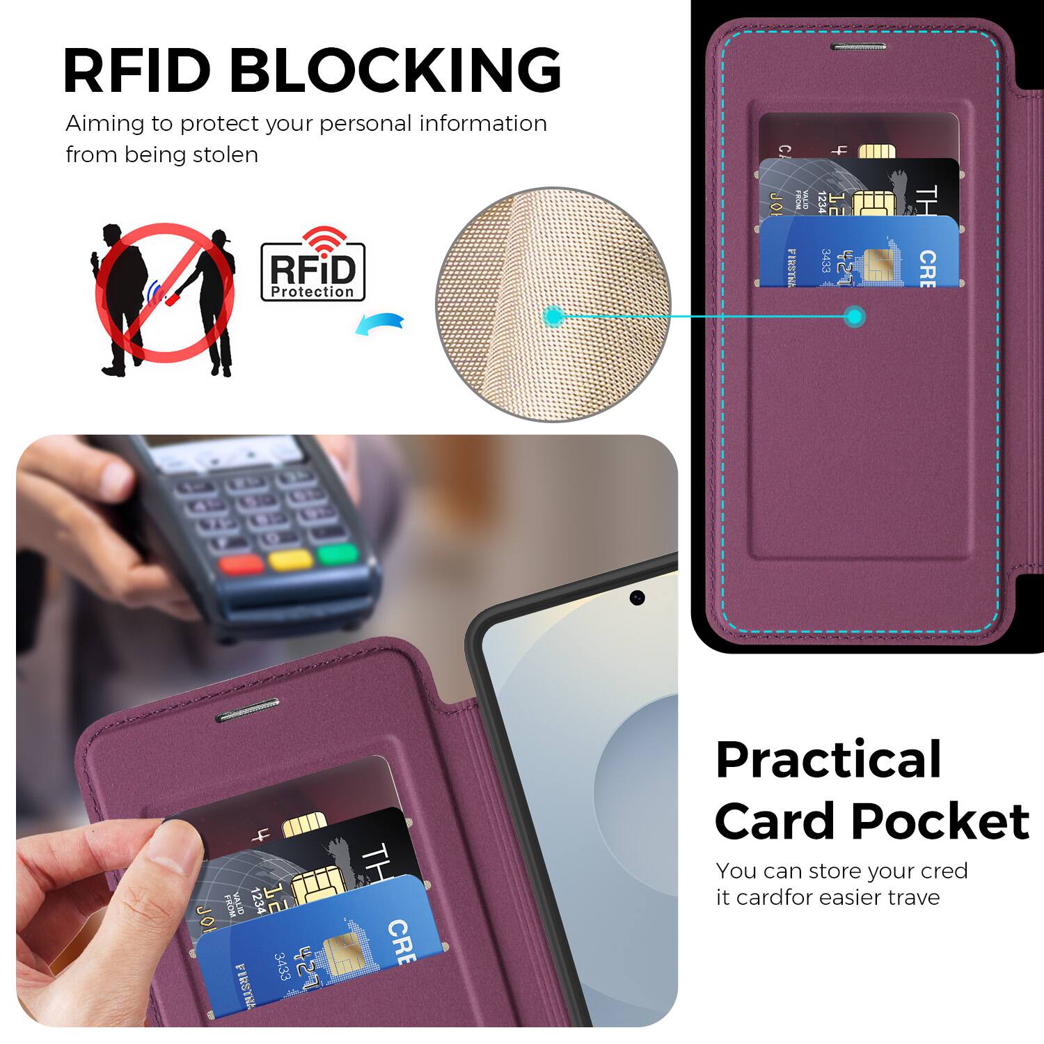RFID BLOCKING  
Aiming to protect your personal information from being stolen  

RFID Protection  

Practical Card Pocket  
You can store your credit card for easier travel