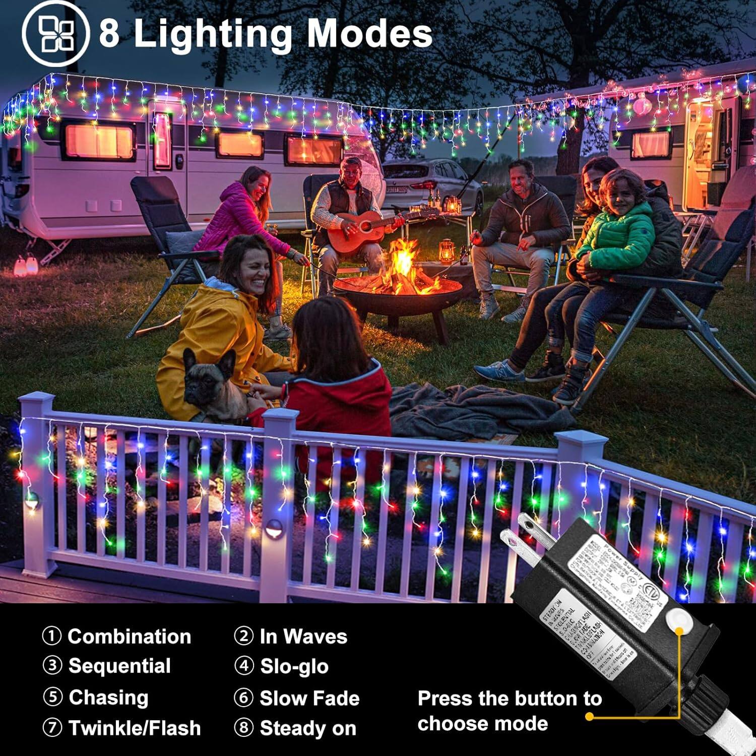 8 Lighting Modes

1. Combination
2. In Waves
3. Sequential
4. Slo-glo
5. Chasing
6. Slow Fade
7. Twinkle/Flash
8. Steady on

Press the button to choose mode