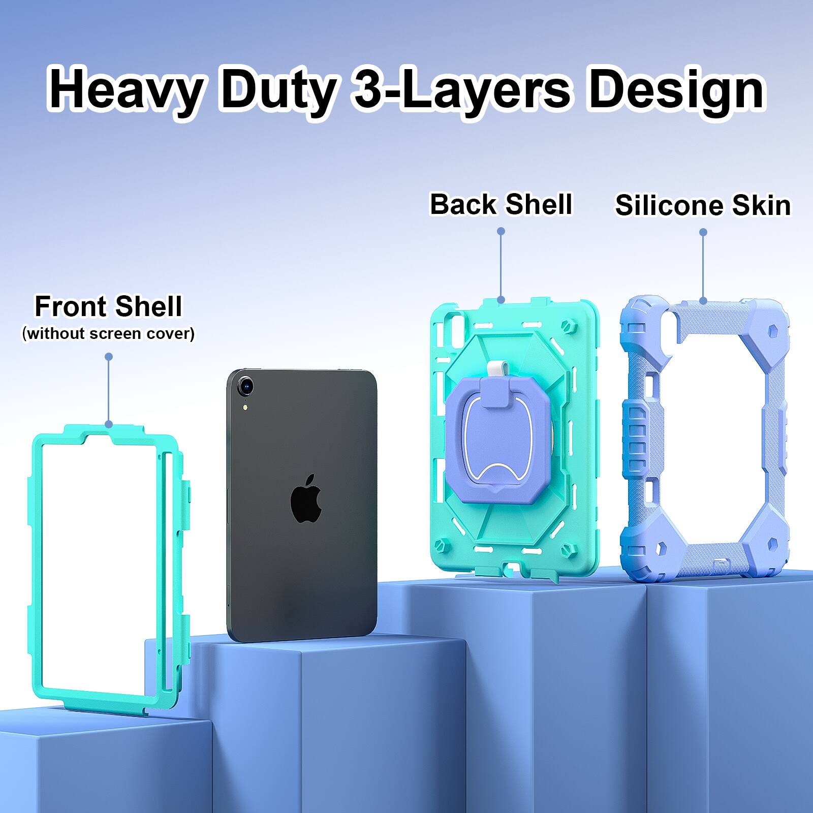 Heavy Duty 3-Layers Design  
Back Shell Silicone Skin  
Front Shell (without screen cover)